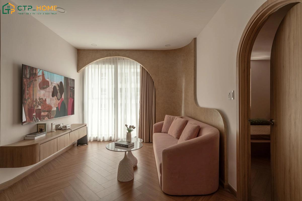 Mẫu thiết kế nội thất chung cư 1 phòng ngủ Wabi Sabi mộc mạc sử dụng hệ tủ treo tường tối ưu diện tích