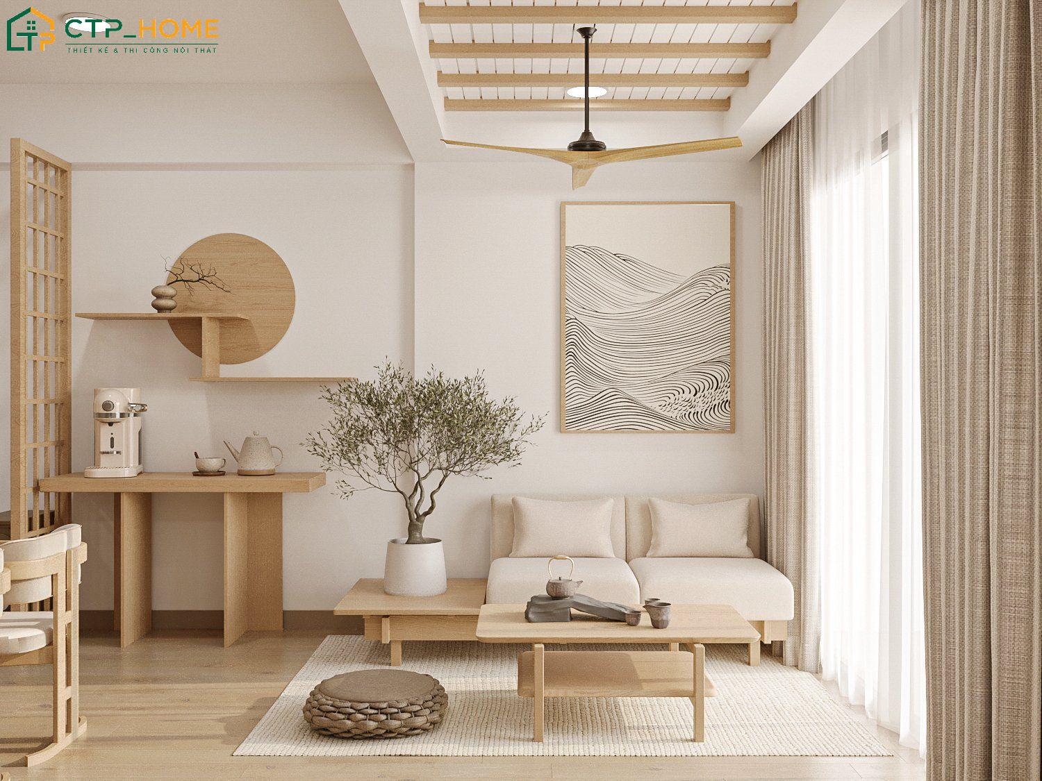 Mẫu thiết kế nội thất chung cư 1 phòng ngủ Japandi với tone màu kem làm chủ đạo