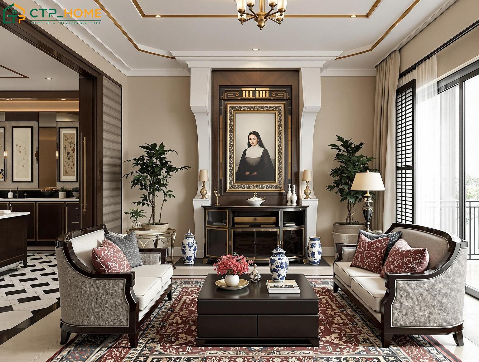 Mẫu chung cư 1 phòng ngủ mang nét đẹp hoài cổ với bộ sofa gỗ tự nhiên làm điểm nhấn