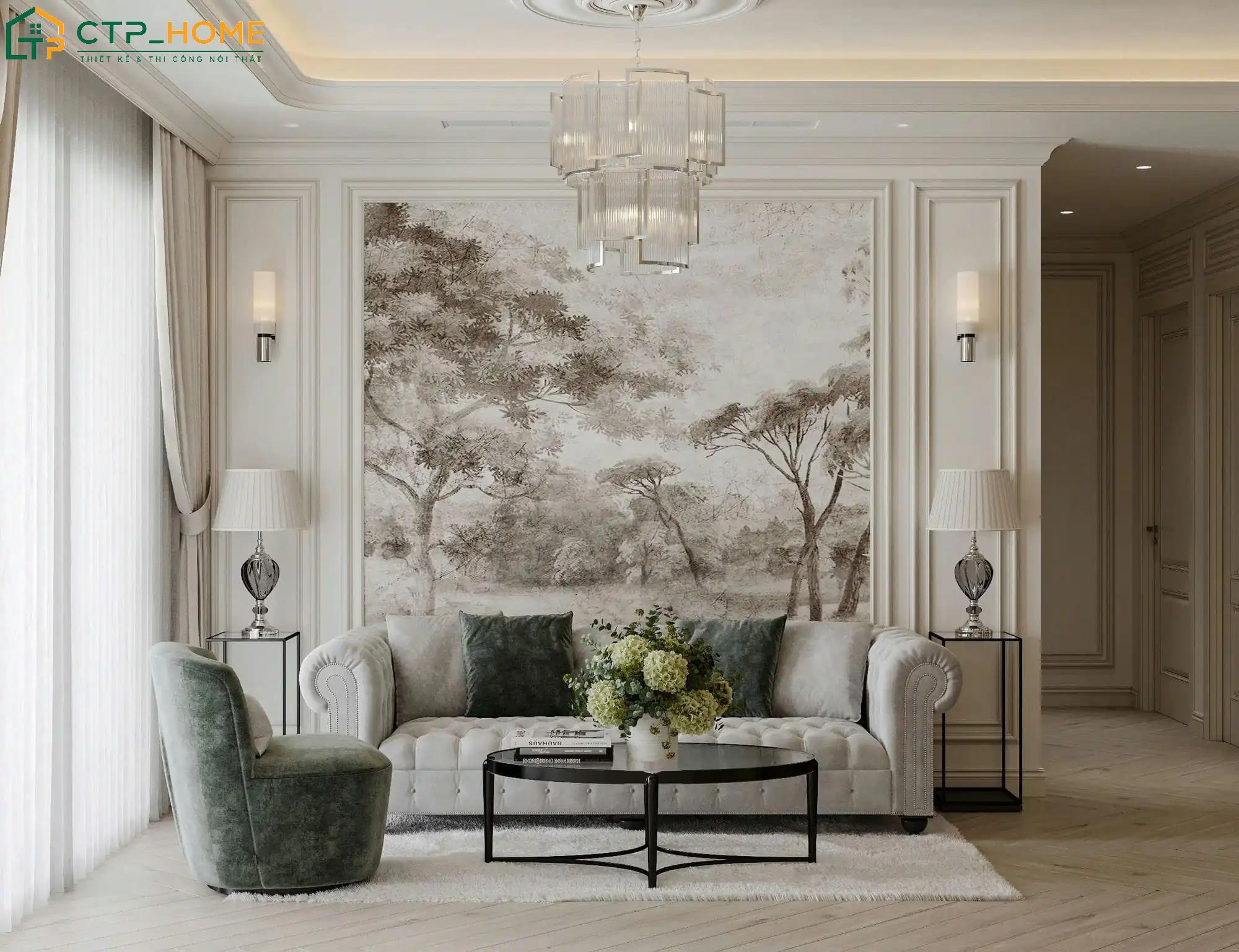 Mẫu thiết kế nội thất chung cư 1 phòng ngủ tân cổ điển thanh lịch với sofa cao cấp bọc nhung