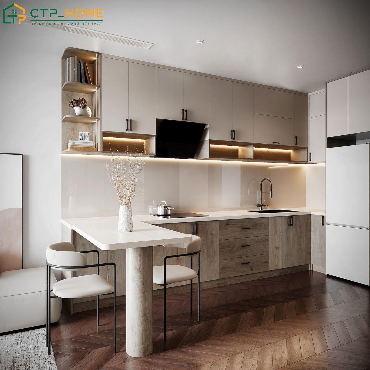 Tủ bếp hình chữ L kịch trần bằng gỗ công nghiệp với tone màu trầm ấm