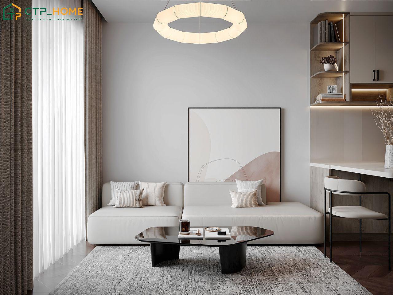 Thiết kế phòng khách nhẹ nhàng với bộ sofa trắng be kết hợp với bàn trà mặt kính