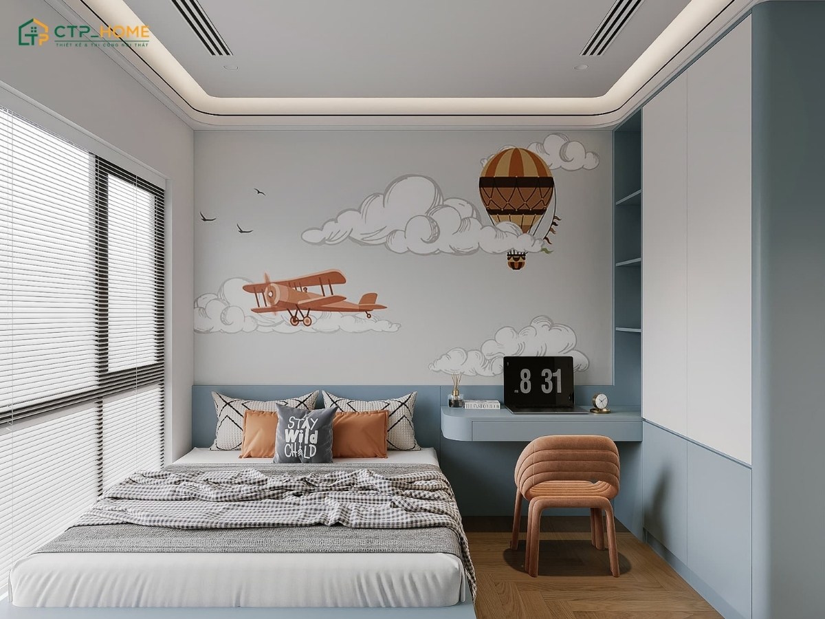 Mẫu thiết kế nội thất căn hộ 2 phòng ngủ với không gian phòng ngủ cho bé năng động