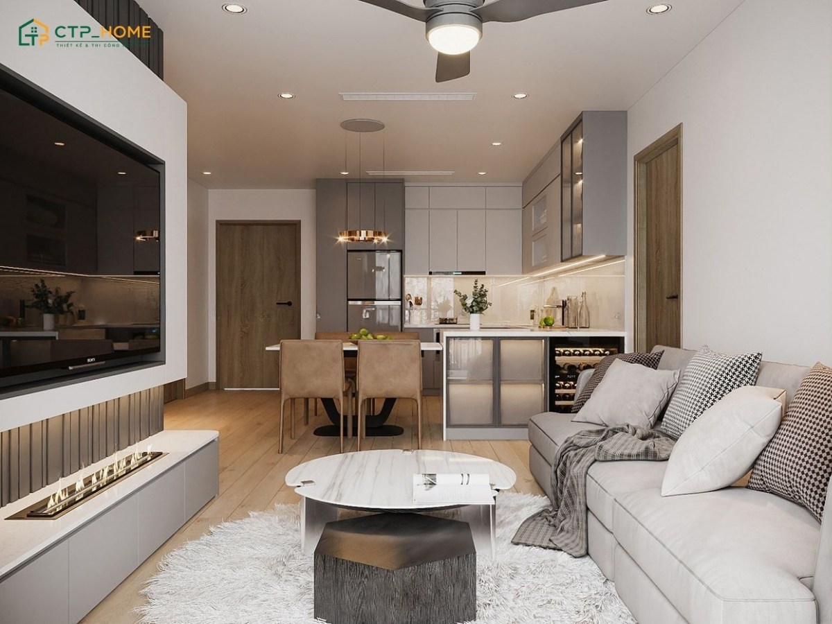 Mẫu thiết kế nội thất chung cư hiện đại với đường nét tối giản và gam màu trung tính làm chủ đạo