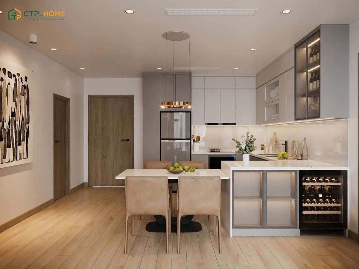 Mẫu thiết kế nội thất căn hộ hiện đại không gian mở với hệ tủ bếp chữ U đẹp và tối ưu công năng