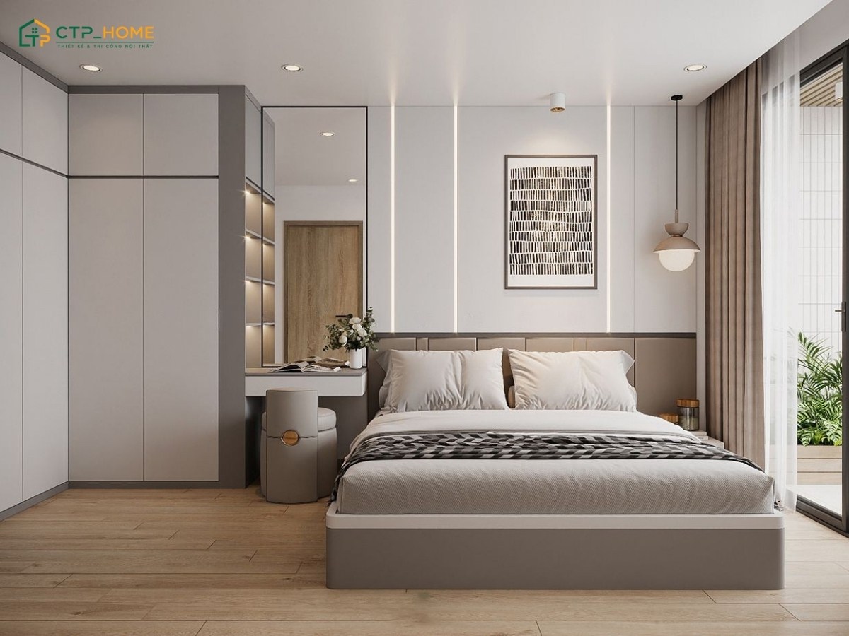 Mẫu thiết kế phòng chung cư Master hiện đại với cửa kính lớn hướng ra ban công đón ánh sáng tự nhiên