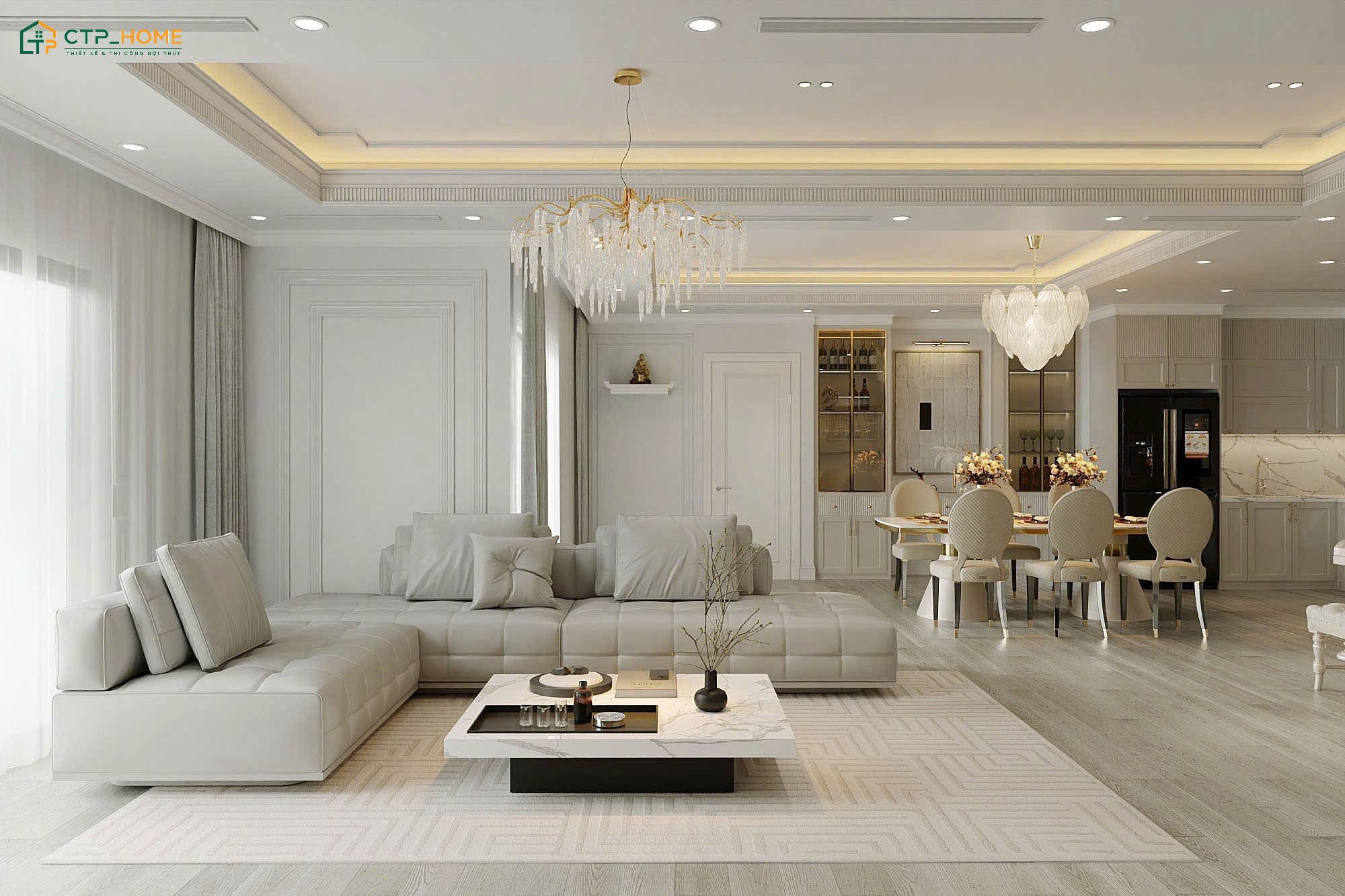 Mẫu thiết kế nội thất chung cư 3 phòng ngủ phong cách tân cổ điển với bảng màu trắng sang trọng