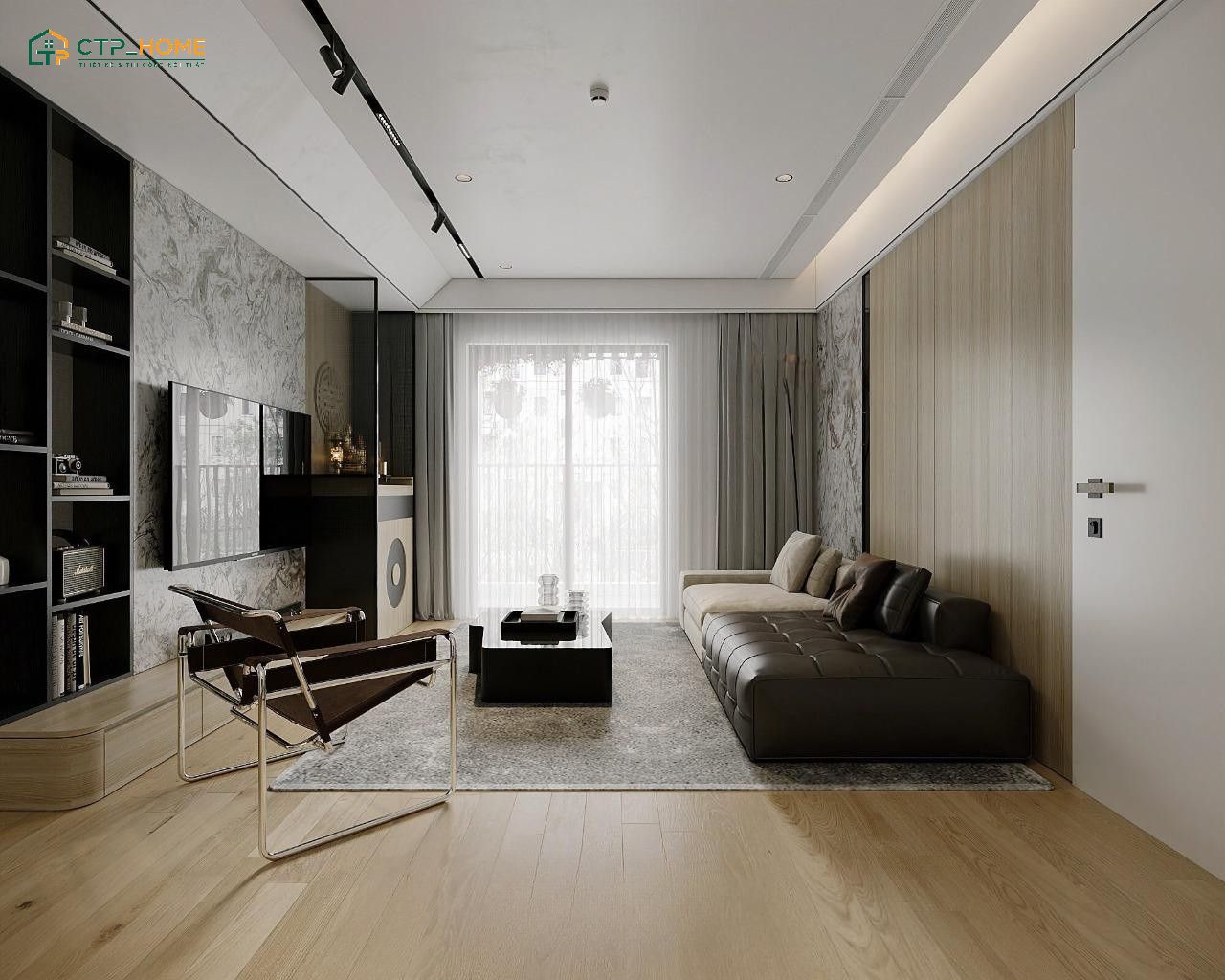 Mẫu thiết kế chung cư 3 phòng ngủ phong cách hiện đại với phòng khách rộng rãi và thông thoáng