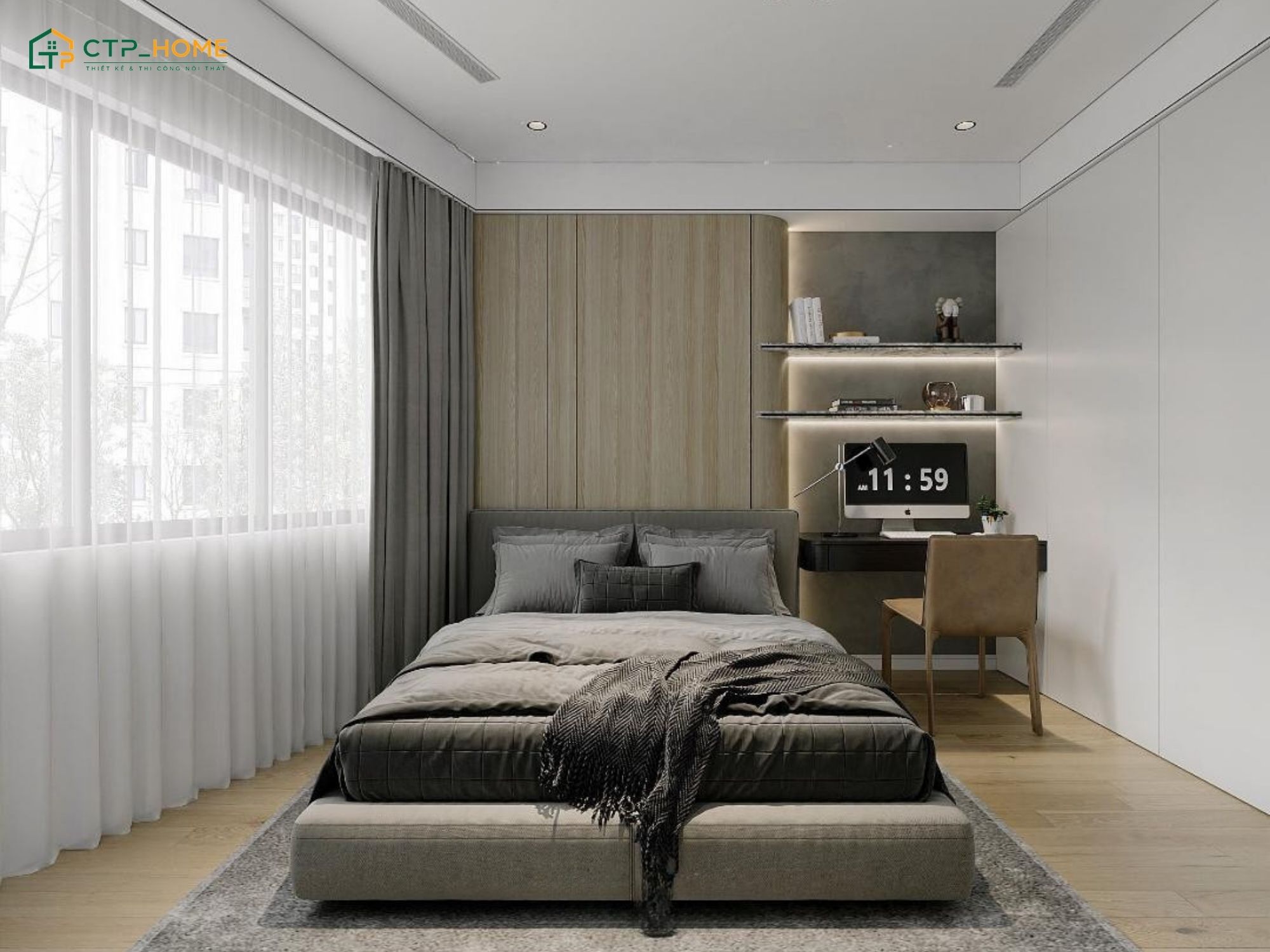 Mẫu phòng ngủ Master hiện đại với hệ tủ kịch trần kết hợp góc làm việc nhỏ gọn