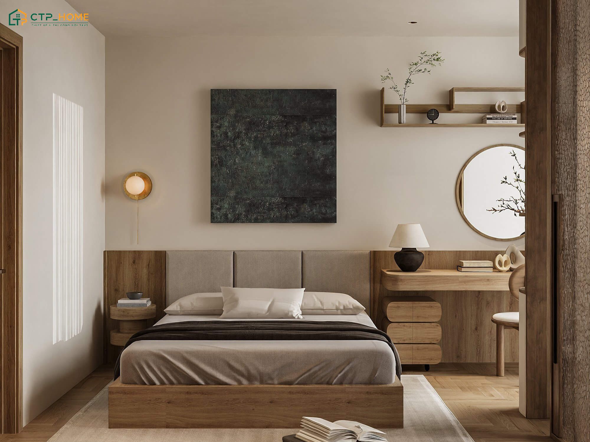Thiết kế phòng ngủ Japandi với gỗ tự nhiên cùng đường nét tinh giản giúp mang đến cảm giác bình yên