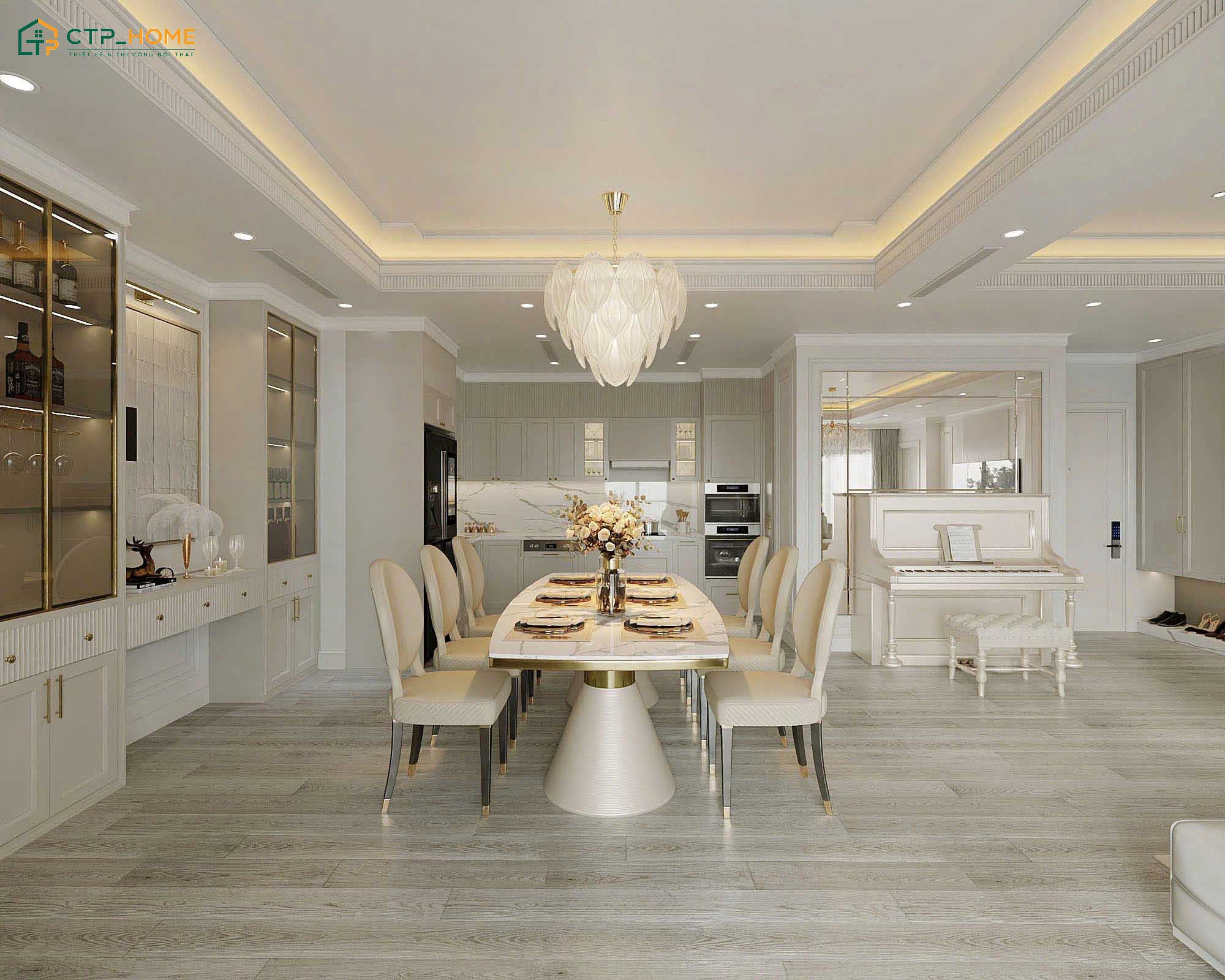 Mẫu thiết kế phòng khách liền thông với phòng bếp trong căn hộ 3 phòng ngủ tân cổ điển