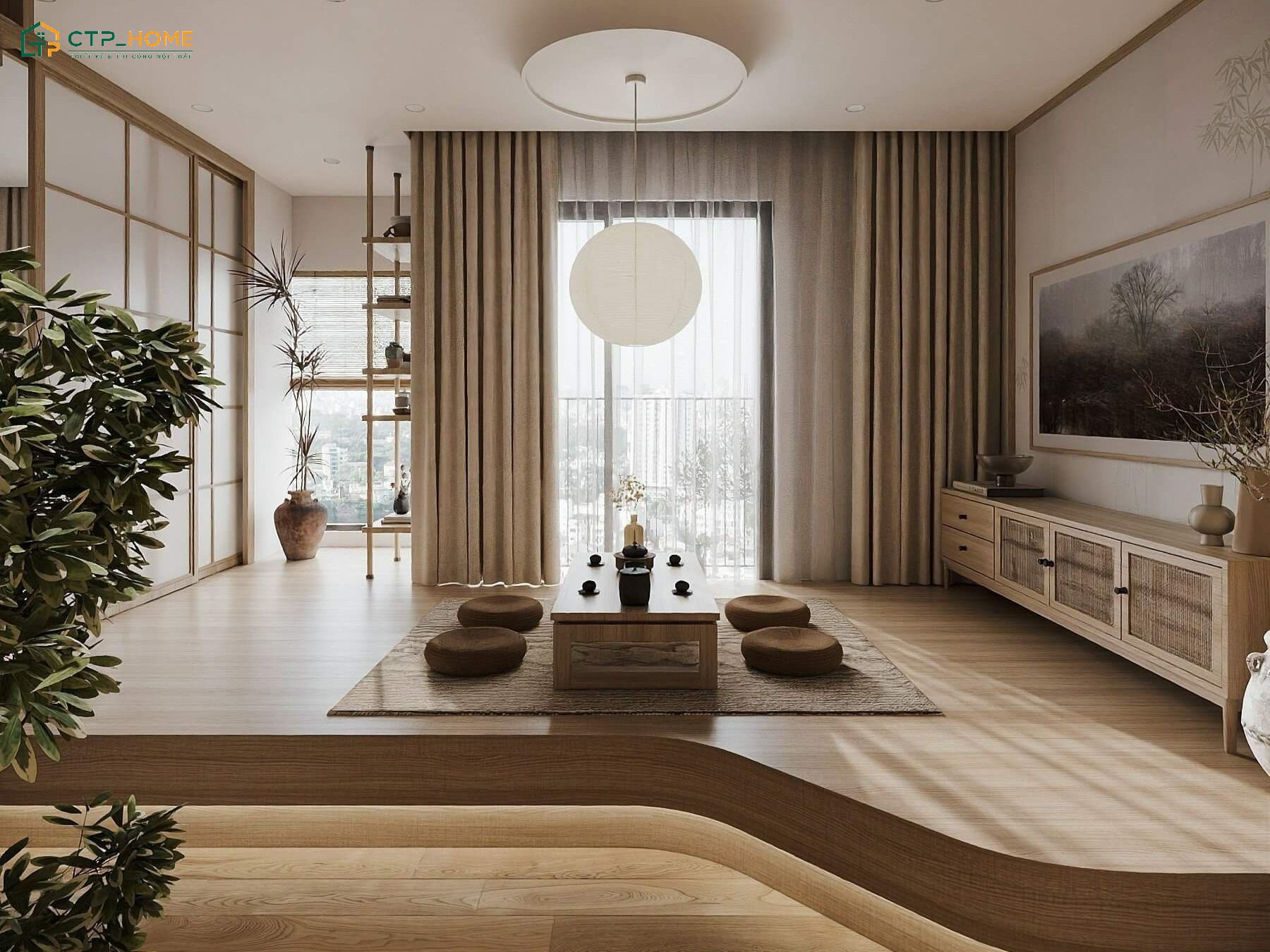 Mẫu thiết kế phòng khách Wabi Sabi với nội thất gỗ tự nhiên cùng đồ trang trí mộc mạc