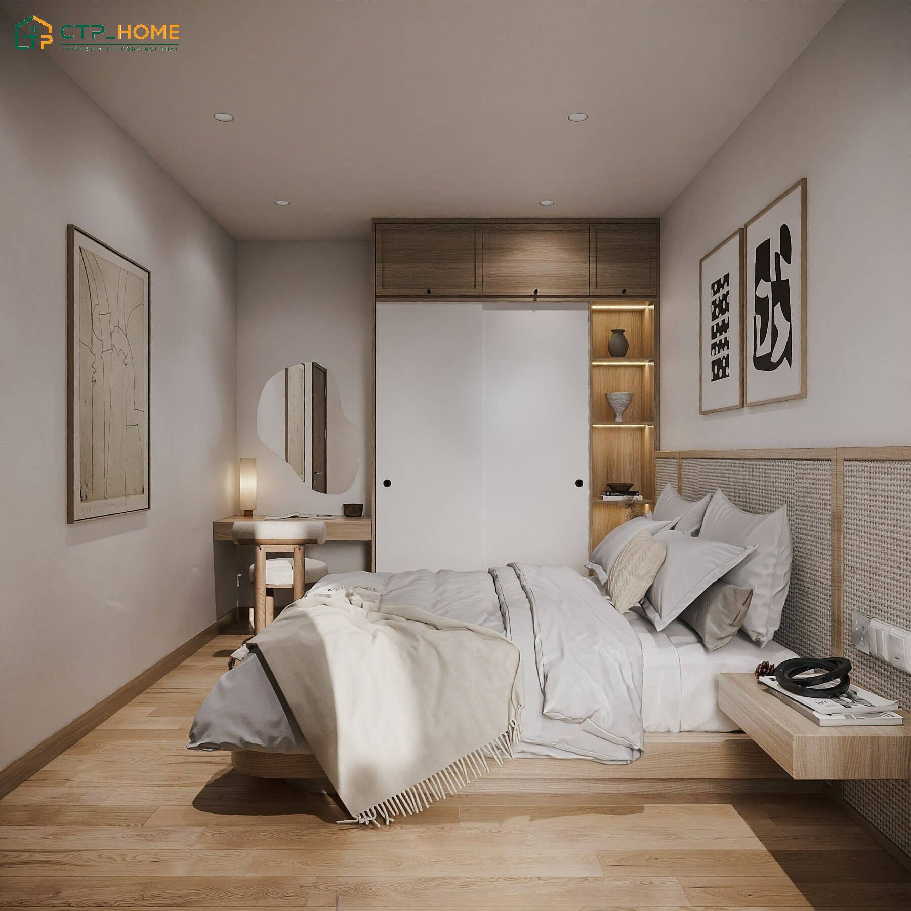Mẫu thiết kế thi công nội thất chung cư 3 phòng ngủ Wabi Sabi sẽ ưu tiên sự tối giản trong từng chi tiết