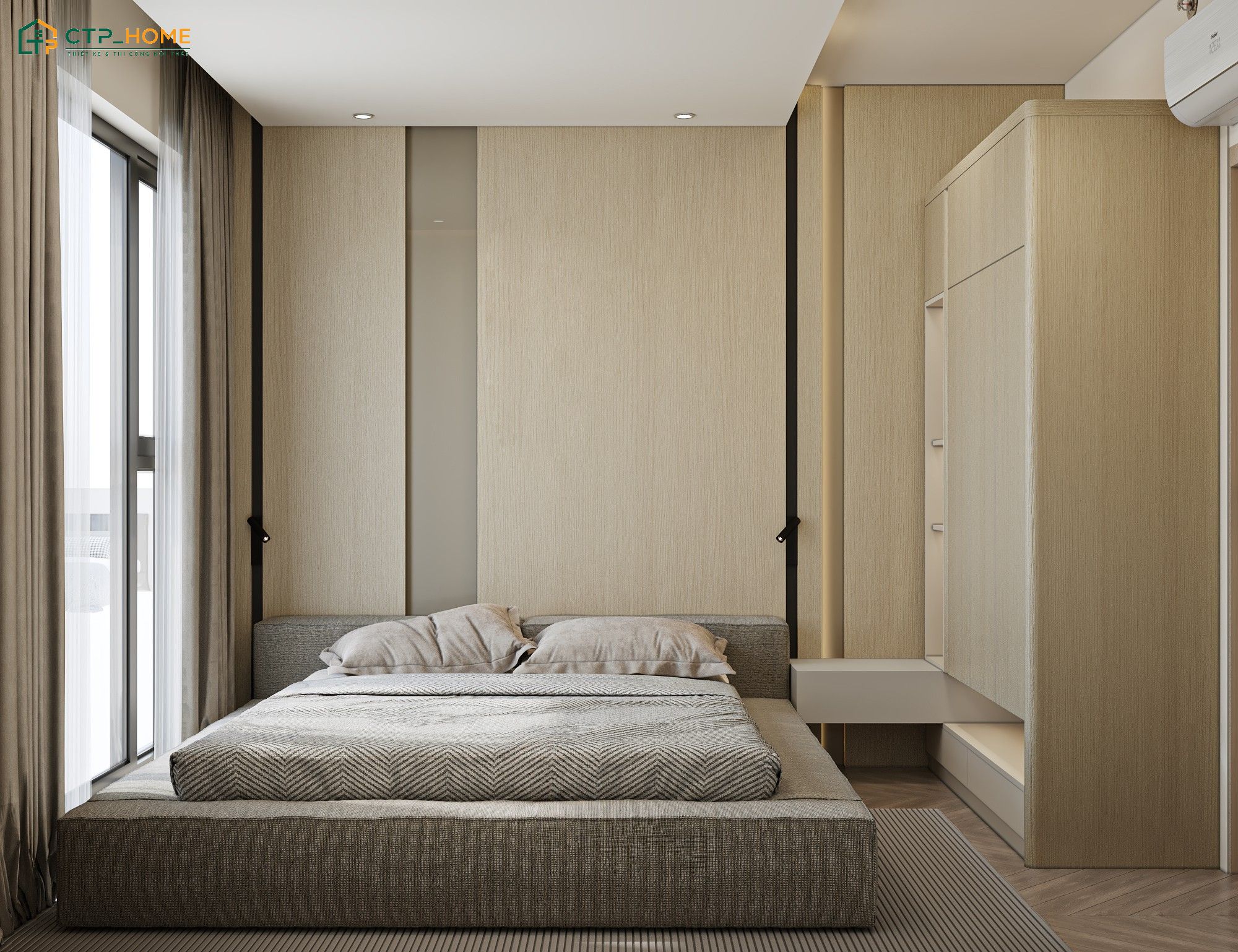 Mẫu thiết kế nội thất căn hộ 3 phòng ngủ 70m2 với chất liệu gỗ công nghiệp sáng màu kết hợp với gam màu trung tính
