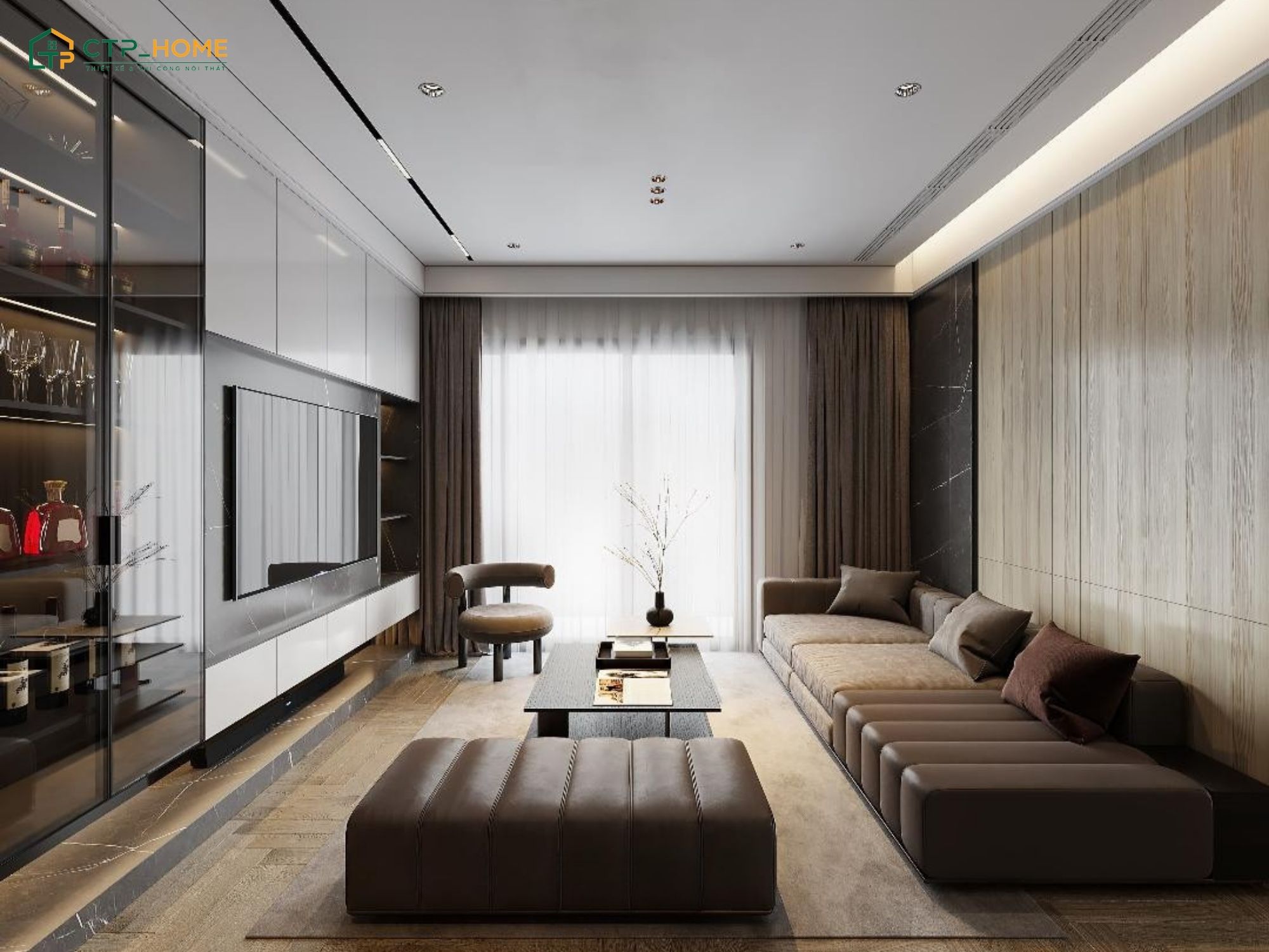 Mẫu thiết kế nội thất căn hộ 3 phòng ngủ 90m2 hiện đại với sofa cao cấp cùng kệ tivi sang trọng