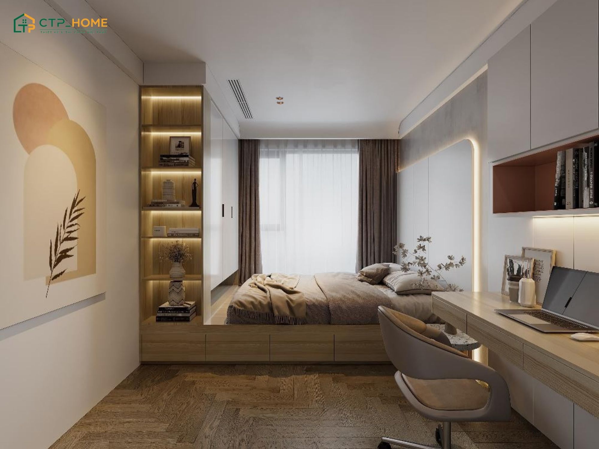 Mẫu thiết kế nội thất chung cư 3 phòng ngủ 90m2 đầy tiện nghi với góc làm việc và hệ tủ lưu trữ thông minh