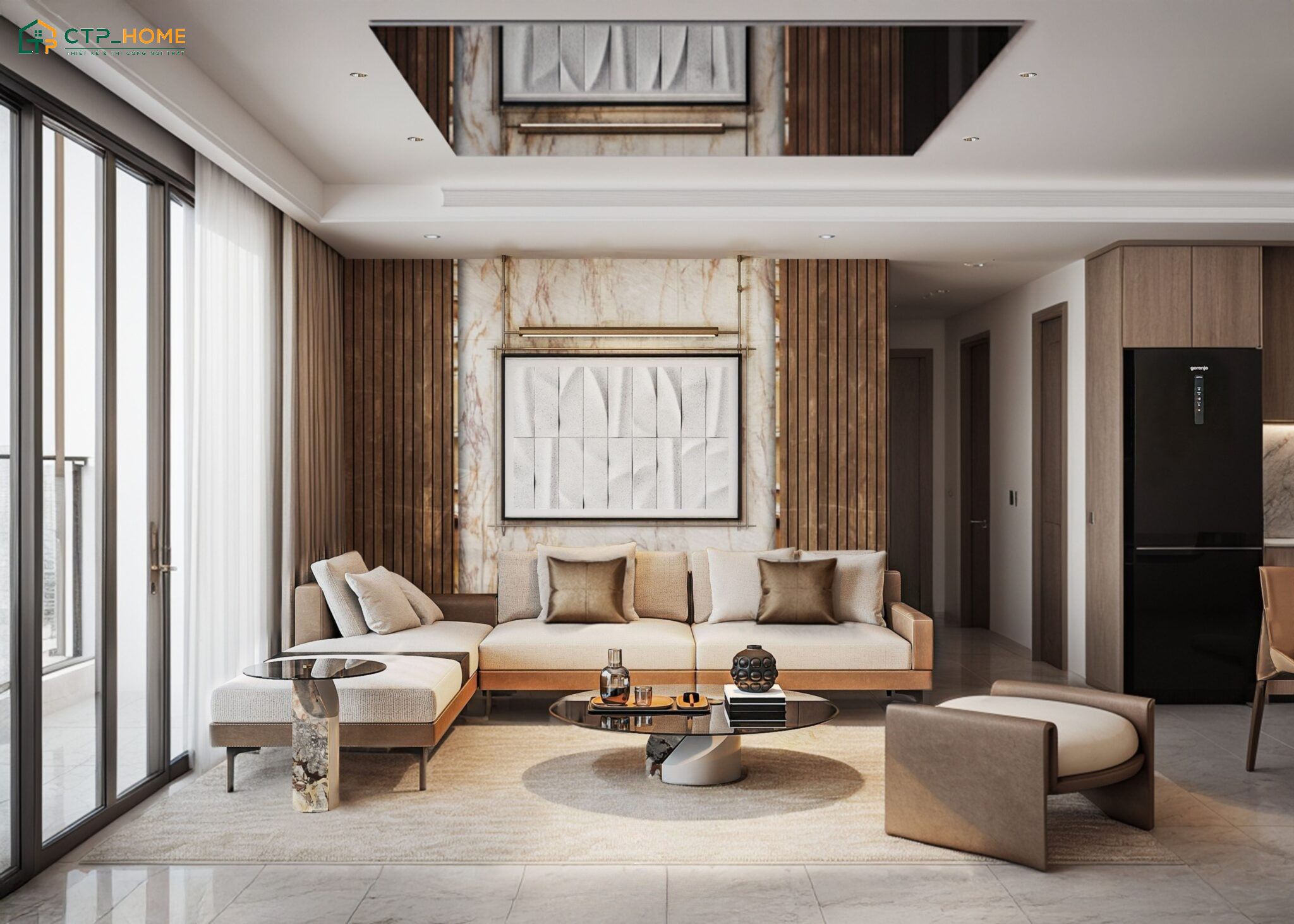 Mẫu thiết kế phòng khách chung cư 3 phòng ngủ phong cách Luxury với sofa chữ L tạo điểm nhấn