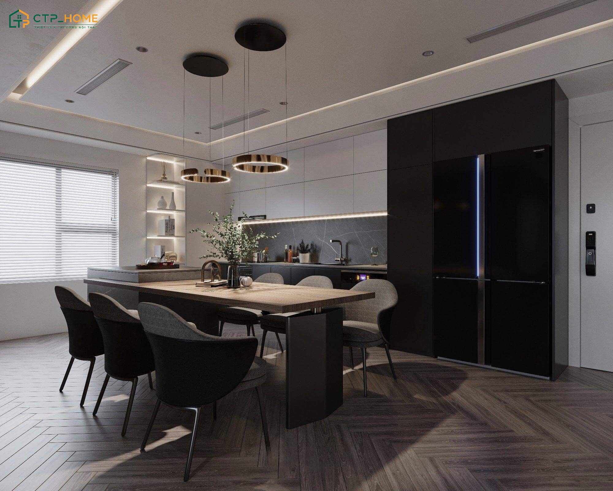 Mẫu thiết kế nội thất chung cư 3 phòng ngủ sang trọng với hệ tủ bếp chữ L cùng bộ bàn ăn 6 ghế