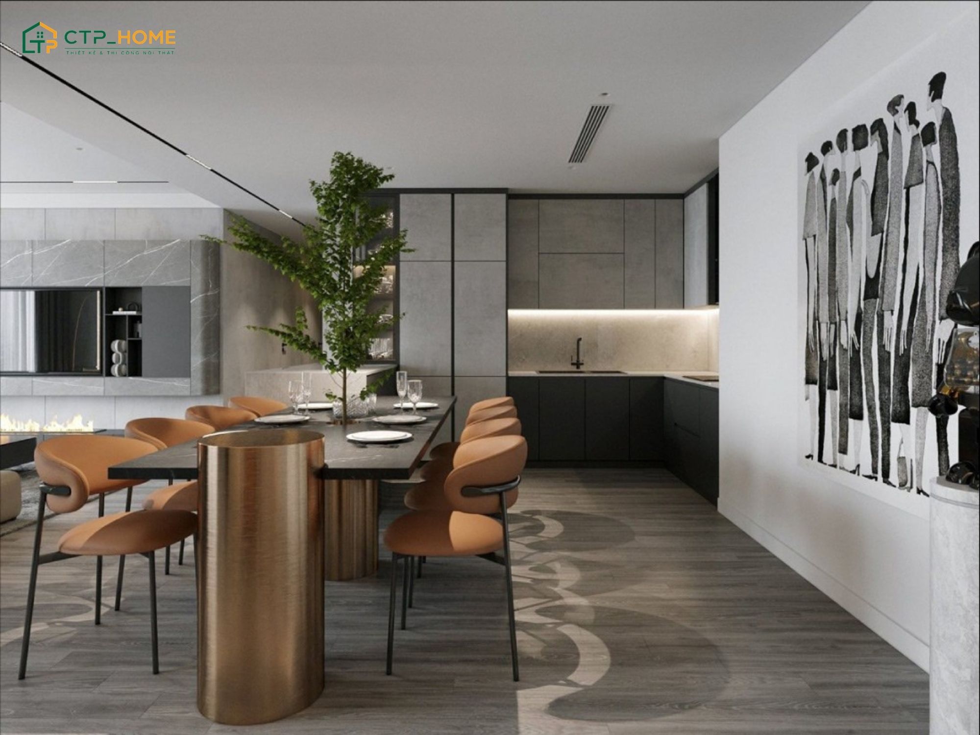 Mẫu nội thất phòng bếp chung cư 3 phòng ngủ hiện đại với bộ bàn ăn lớn cho gia đình đông thành viên