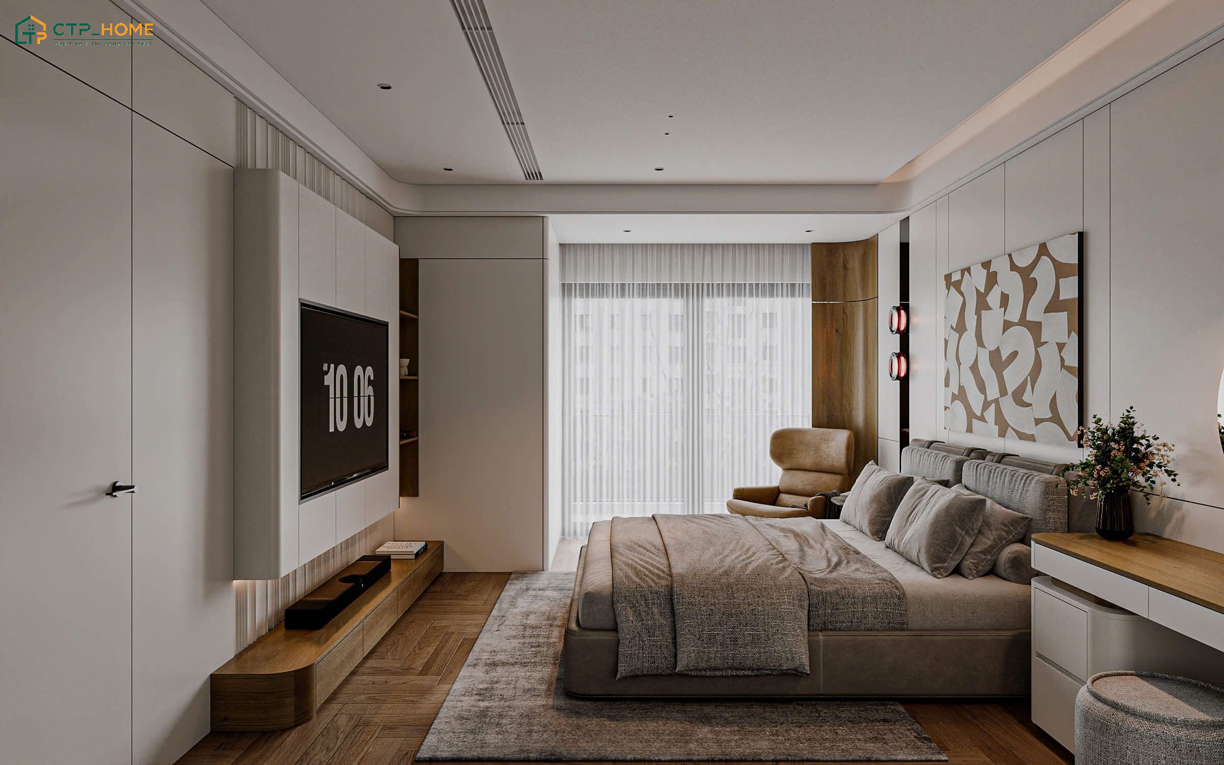 Mẫu thiết kế chung cư 3 phòng ngủ hiện đại với phòng ngủ tông màu trắng kết hợp nâu gỗ ấm áp
