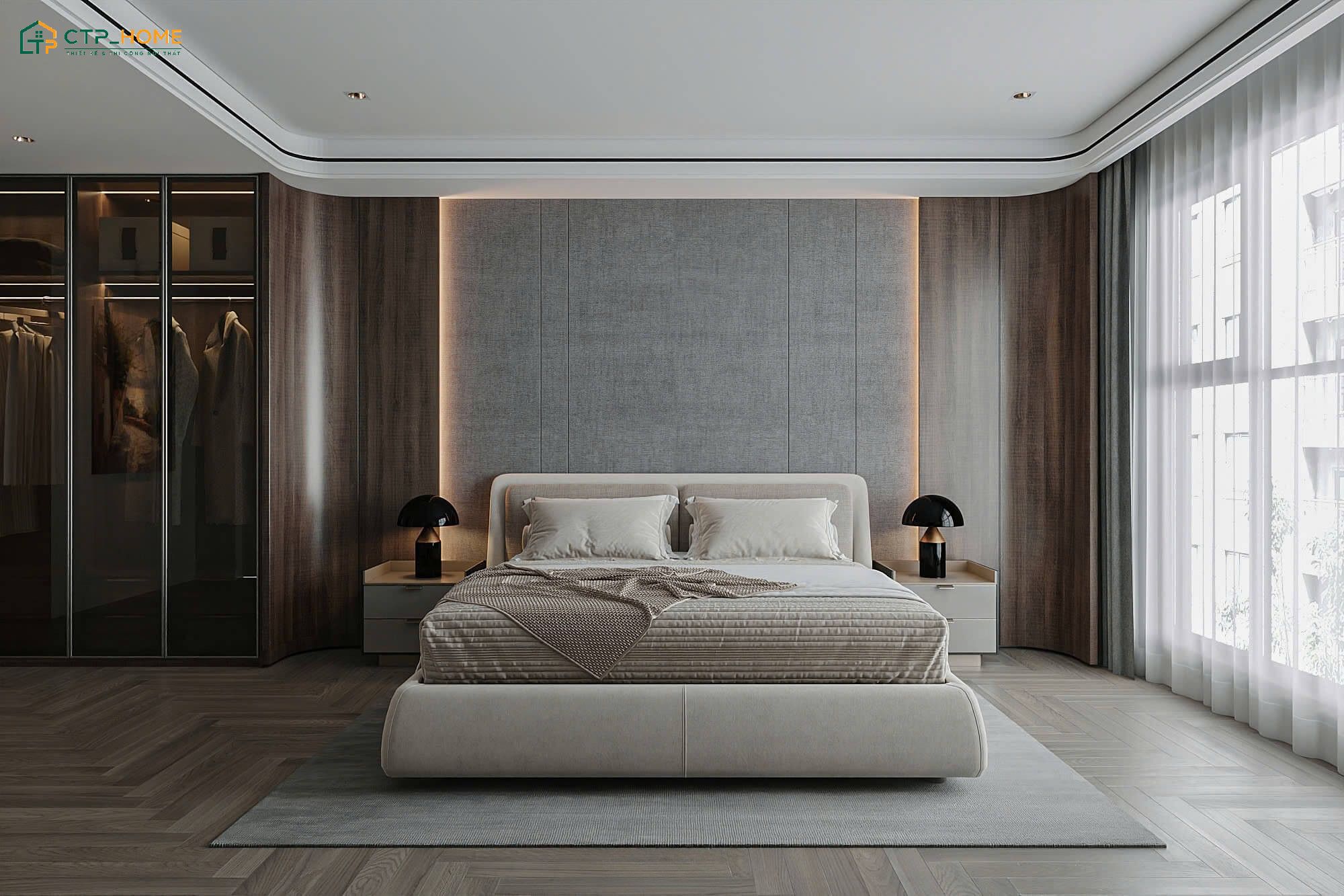 Mẫu thiết kế phòng ngủ Master sang trọng với giường lớn cùng hệ vách ốp nỉ cao cấp