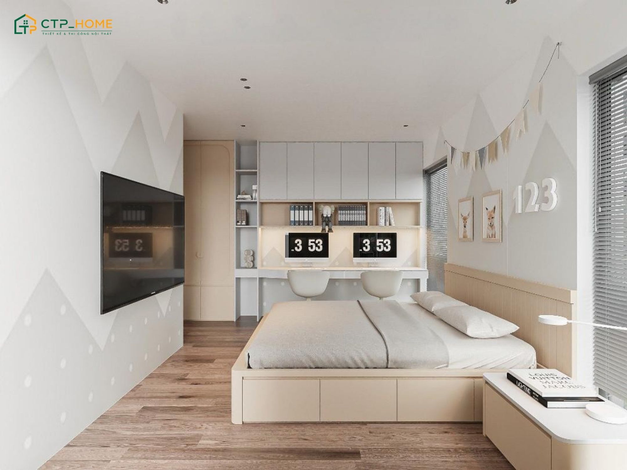 Mẫu thiết kế phòng ngủ trong chung cư 3 phòng ngủ cho 2 bé năng động và cá tính