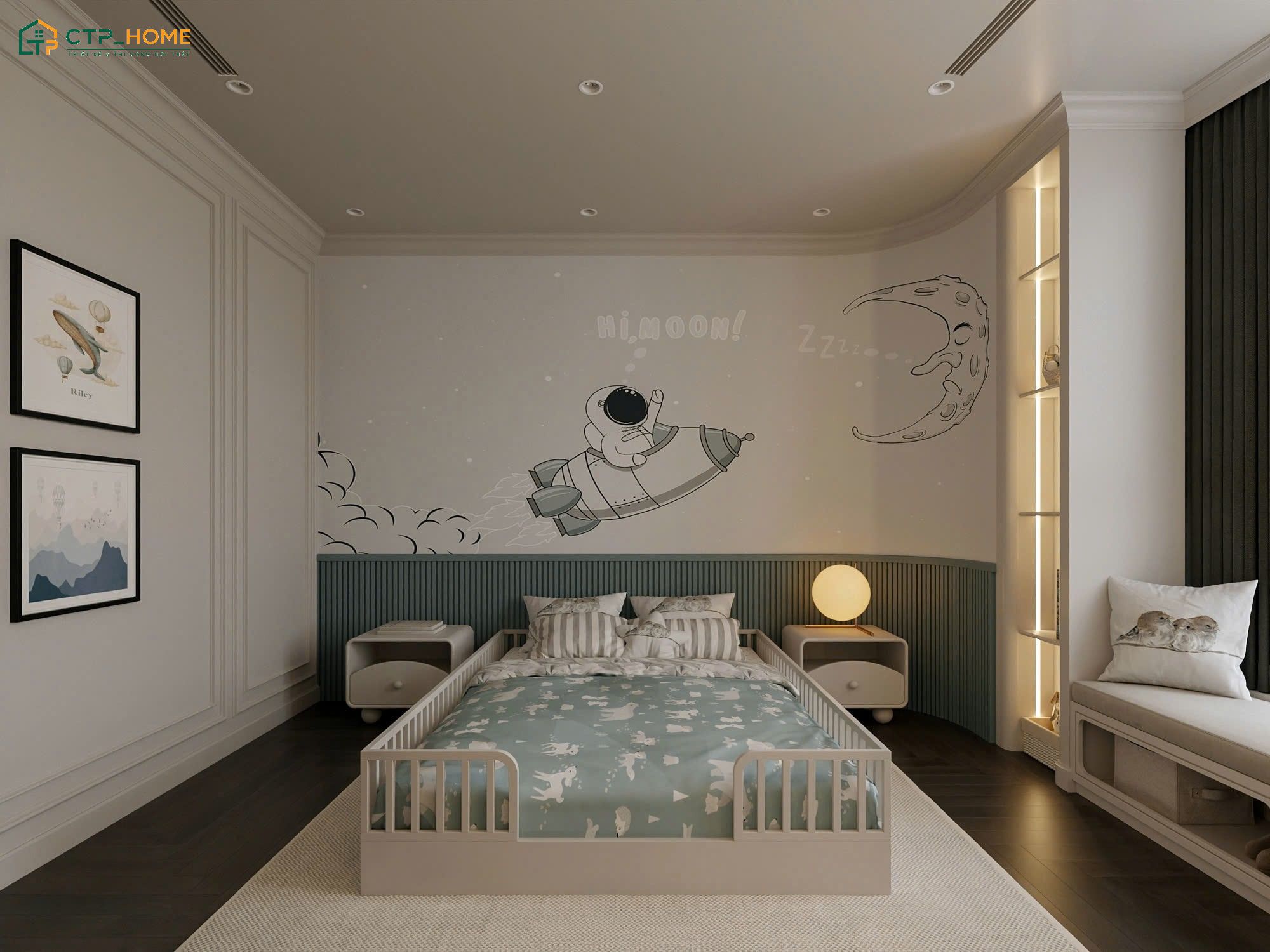 Mẫu thiết kế phòng ngủ bé trai trong chung cư 3 ngủ sáng tạo với chủ đề phi hành gia