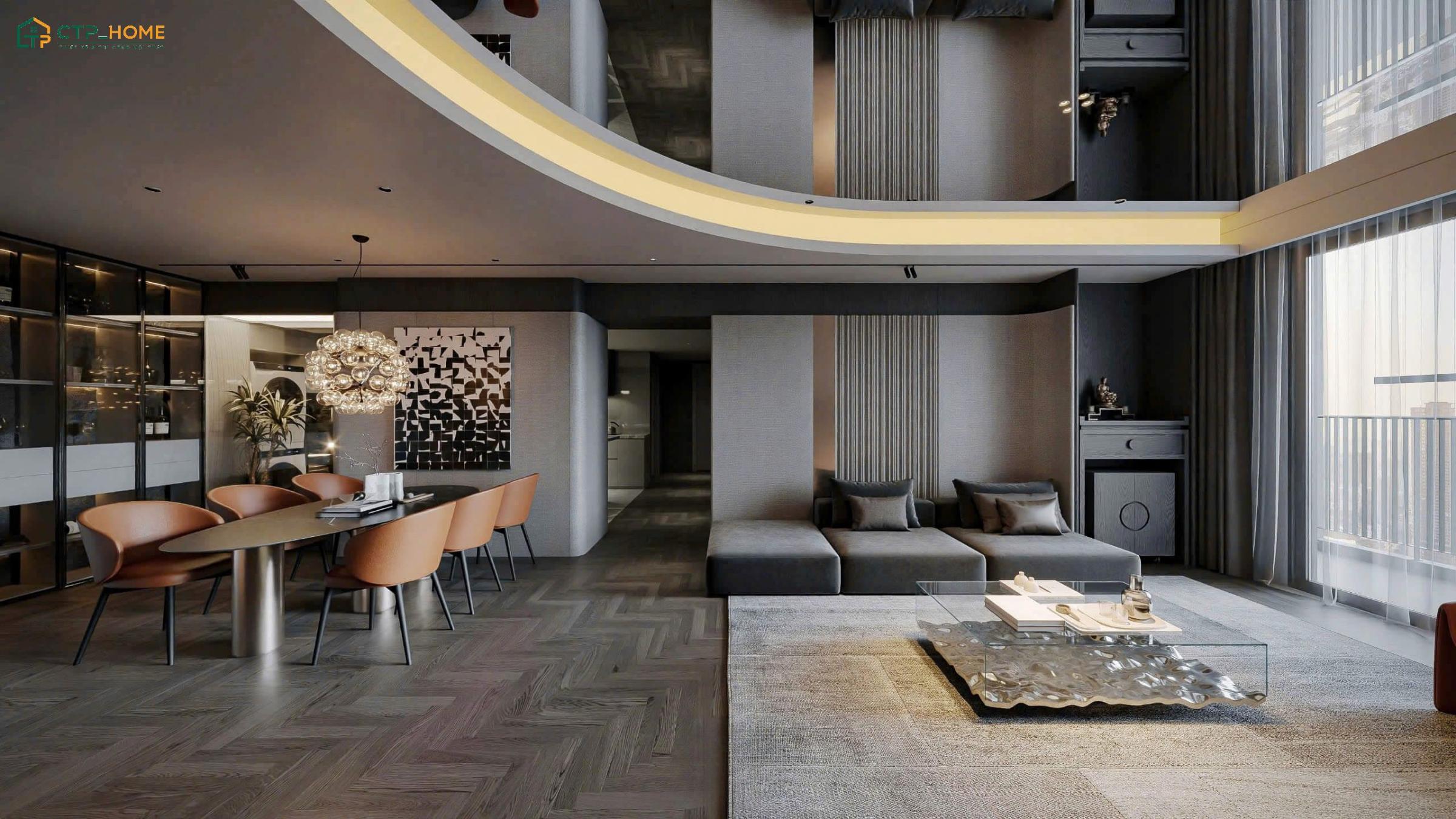 Mẫu phòng ngủ master Luxury sử dụng tông màu đen xám chủ đạo kết hợp hệ tủ kính cao cấp