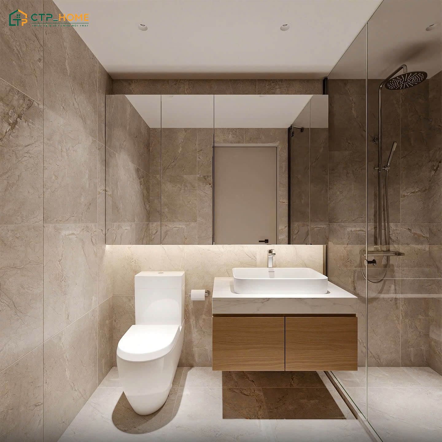 Mẫu thiết kế phòng tắm chung cư 3 phòng ngủ hiện đại với vách kính ngăn khu vực khô và ướt
