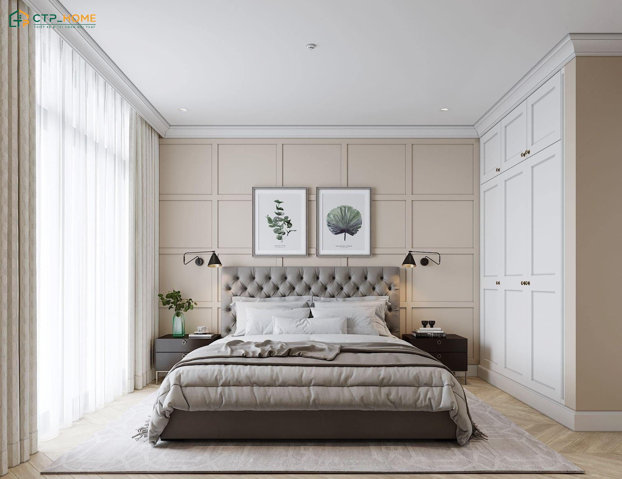Không gian phòng ngủ phụ phong cách tân cổ điển đẹp với hệ phào chỉ tinh tế và nội thất cao cấp