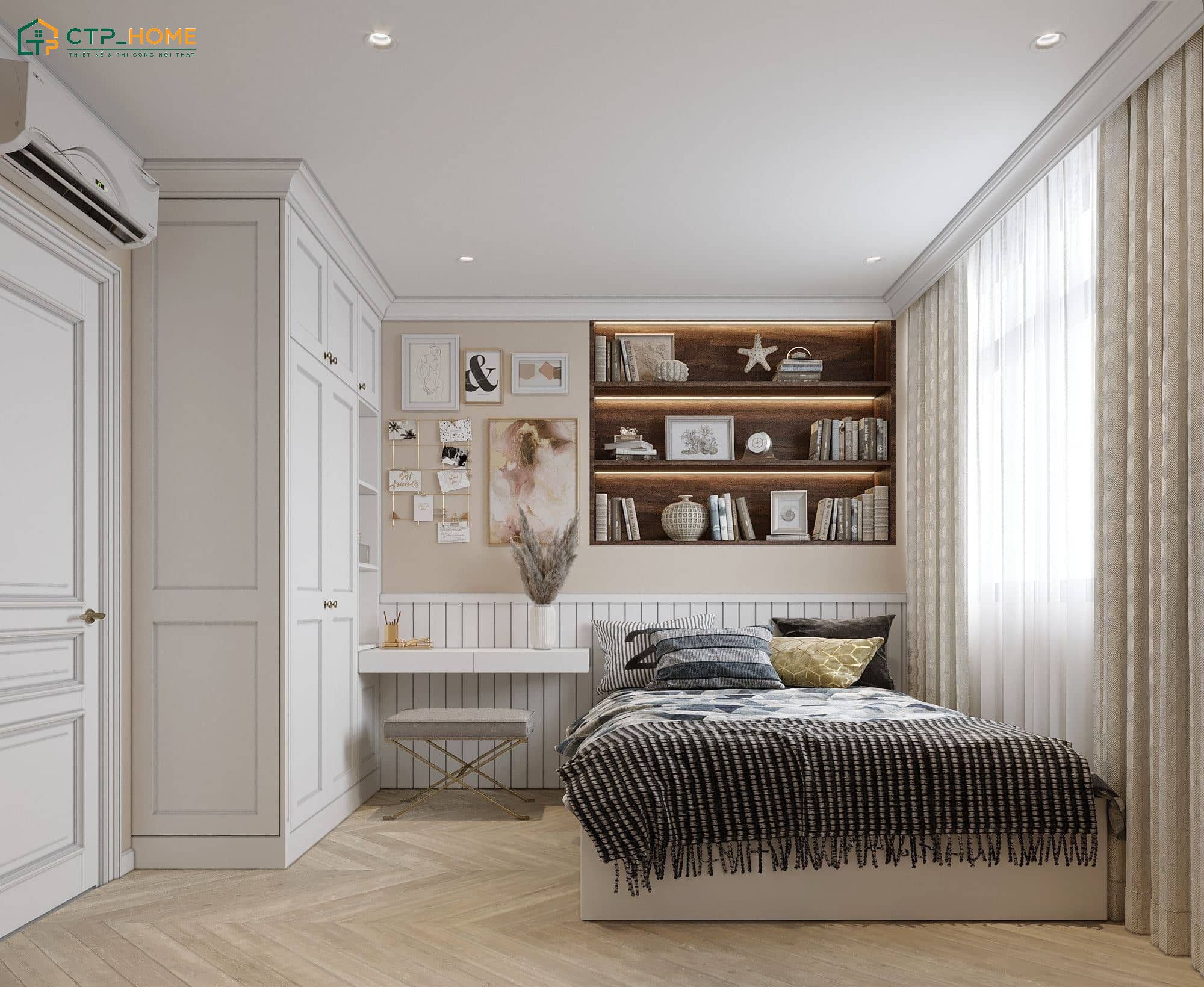 Mẫu thiết kế phòng ngủ phụ đẹp với bàn trang điểm độc đáo cùng kệ trang trí ấn tượng
