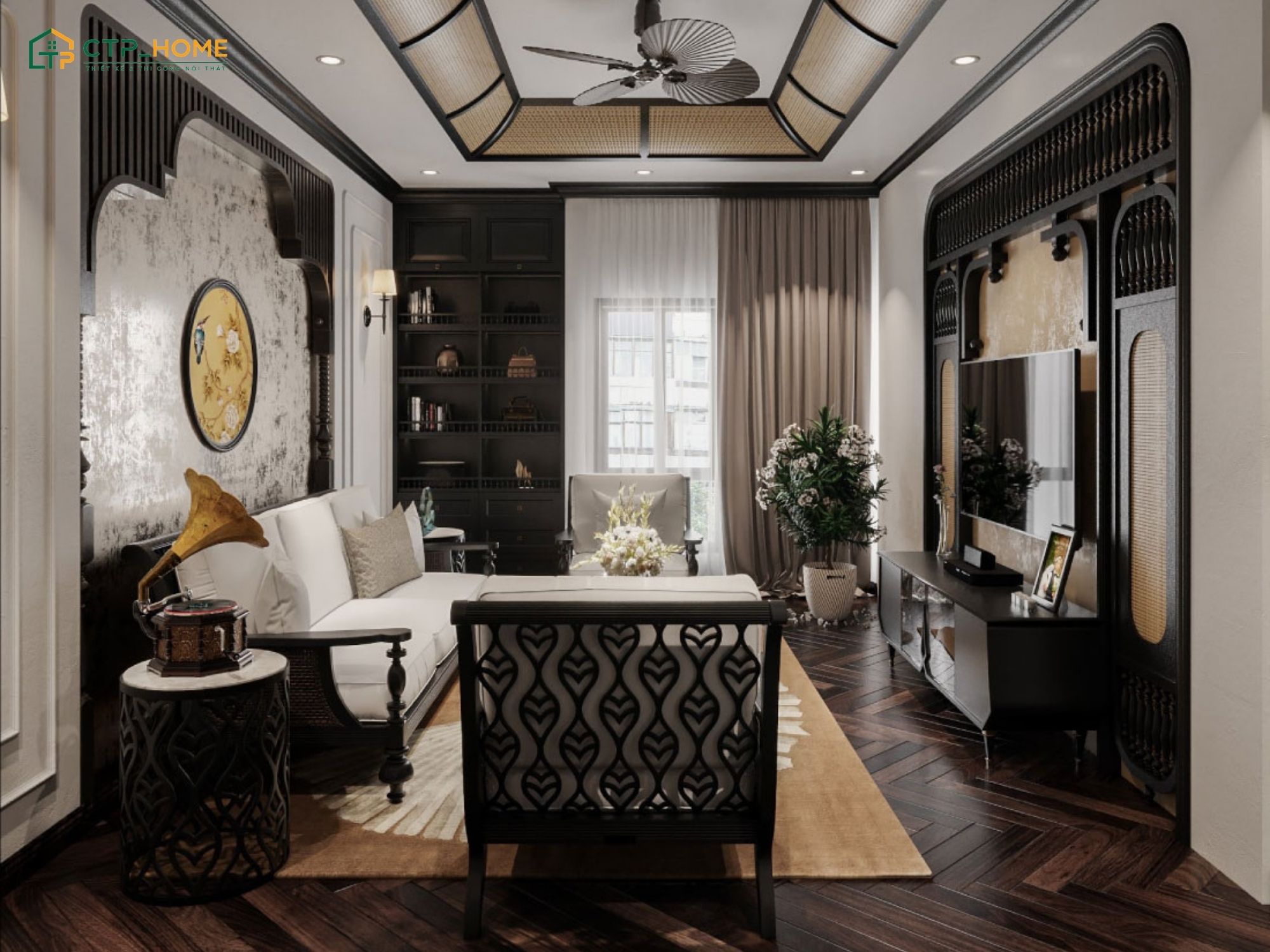 Mẫu thiết kế nội thất chung cư 3 phòng ngủ phong cách Đông Dương nổi bật với các chi tiết hoài cổ