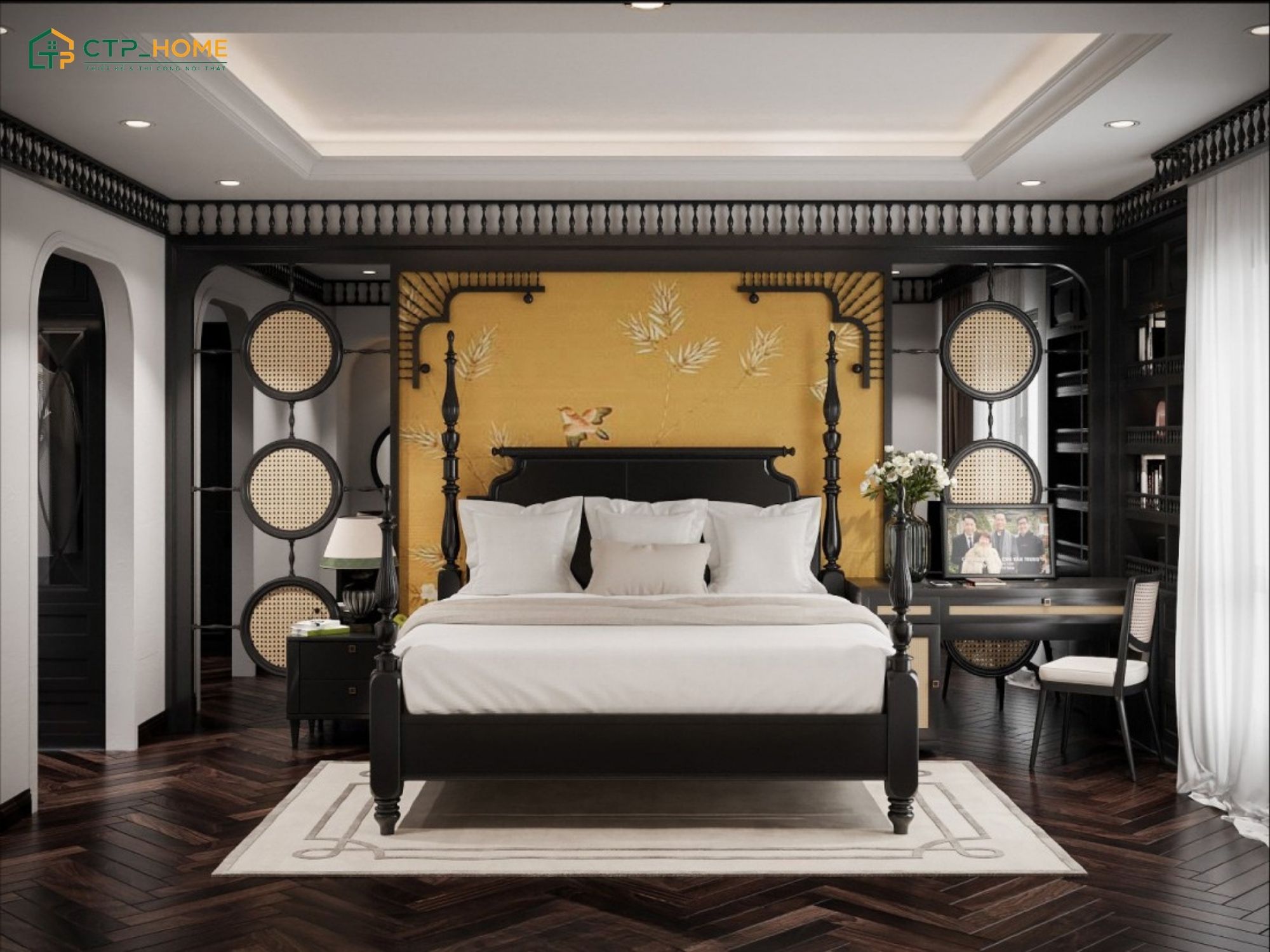 Mẫu phòng ngủ Master với vách trang trí nghệ thuật cùng các chi tiết mây tre đan đậm chất Đông Dương