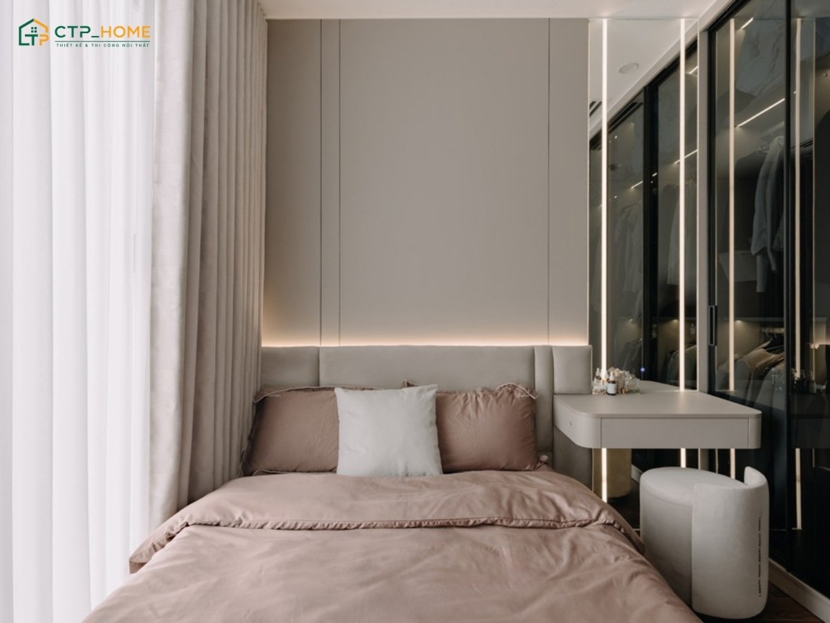 Mẫu thiết kế căn hộ chung cư đẹp đơn giản với hệ tủ quần áo âm tường để giúp tiết kiệm diện tích