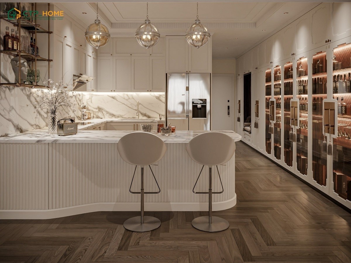 Mẫu nội thất chung cư đẹp sang trọng với bàn đảo bếp bằng đá Marble làm điểm nhấn
