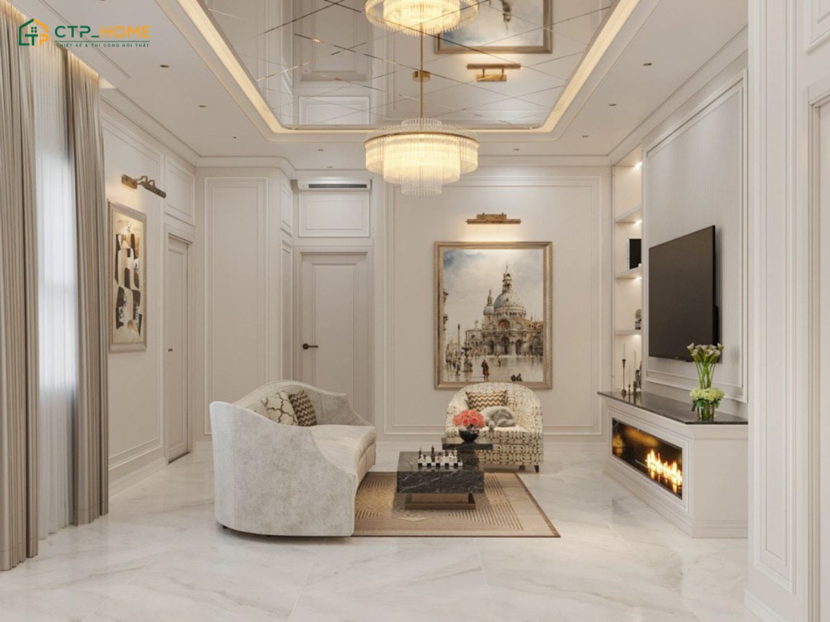 Bản thiết kế chung cư phong cách tân cổ điển tone màu trắng sáng làm chủ đạo
