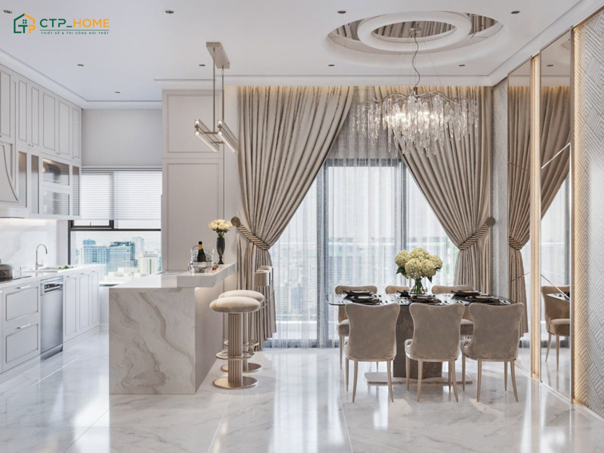 Mẫu thiết kế nội thất chung cư tân cổ điển với không gian bếp và ăn được thiết kế theo hướng mở
