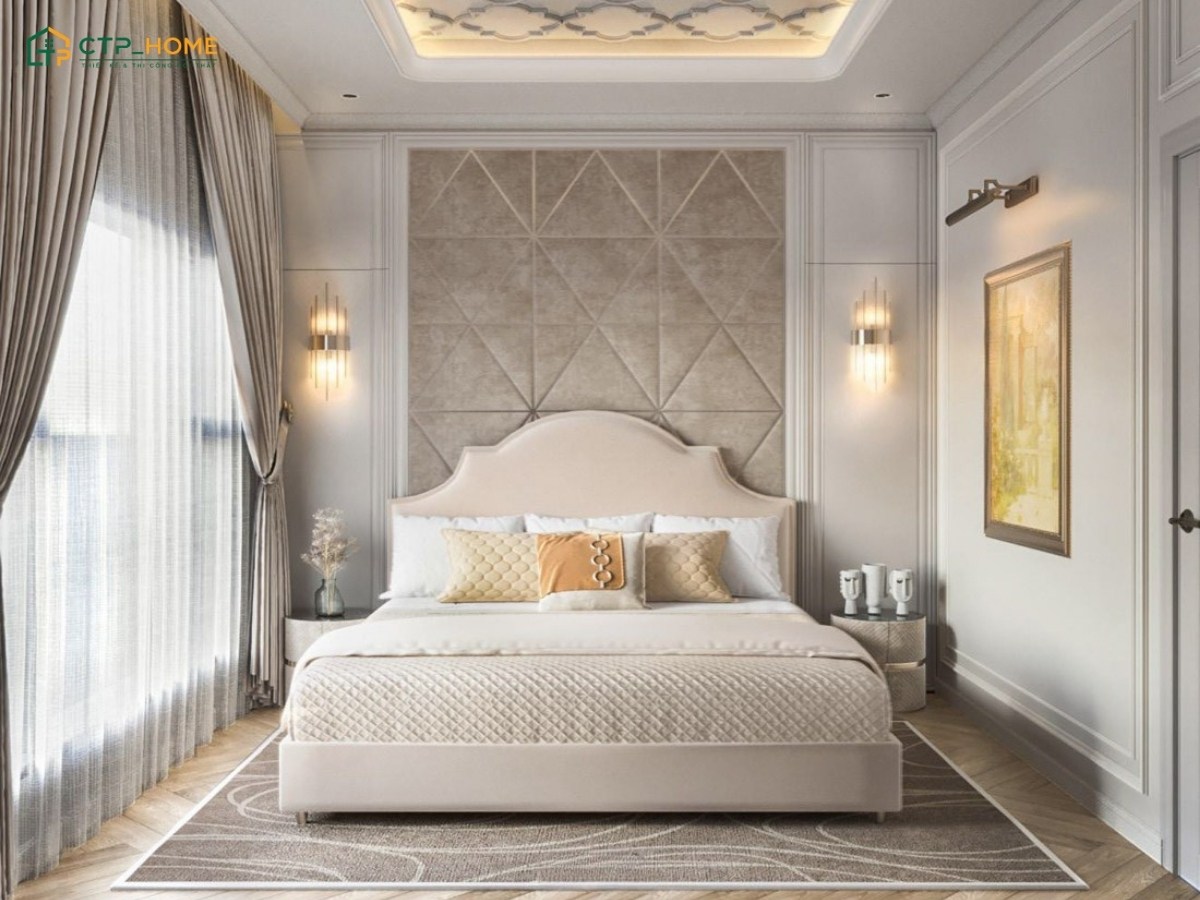 Mẫu thiết kế phòng ngủ với điểm nhấn là hệ thống phào chỉ tinh tế của phong cách tân cổ điển