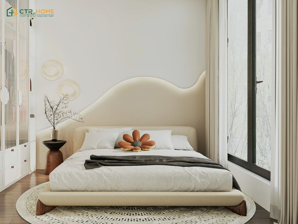 Mẫu thiết kế nội thất cho chung cư Japandi với đồ nội thất gỗ sáng màu