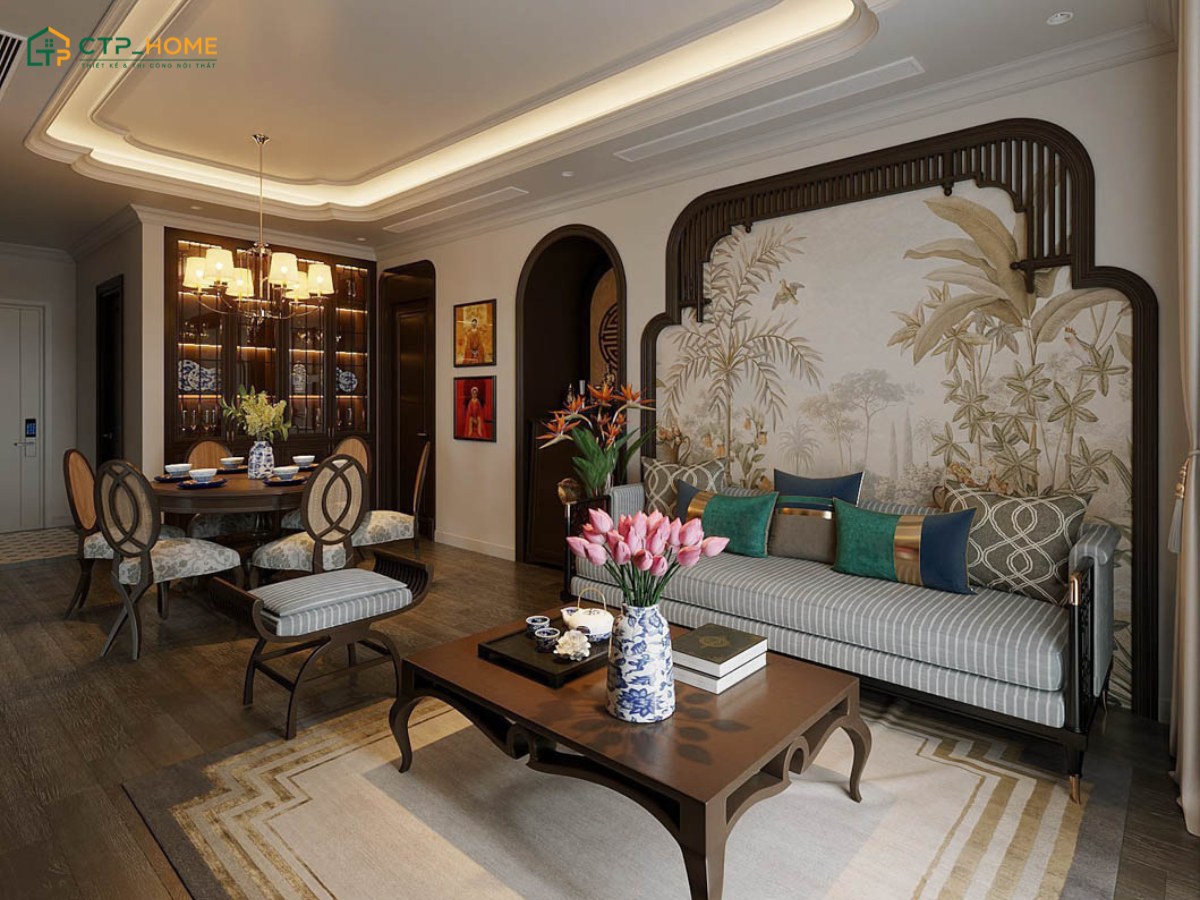 Mẫu thiết kế nội thất nhà chung cư đẹp phong cách Đông Dương nổi bật với các họa tiết trang trí Kỷ Hà