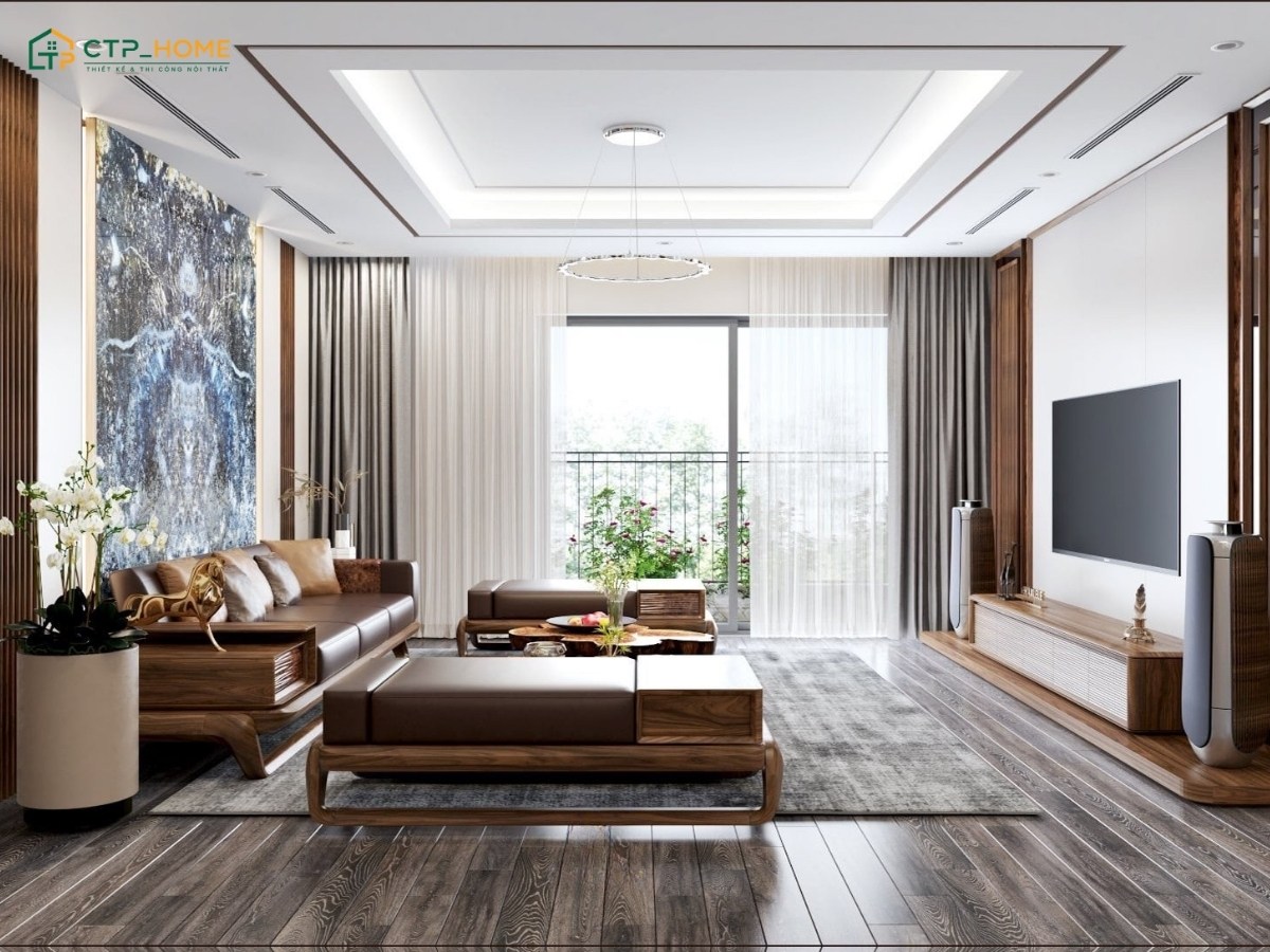 Mẫu thiết kế phòng khách cho căn hộ chung cư với bộ sofa gỗ tự nhiên làm điểm nhấn