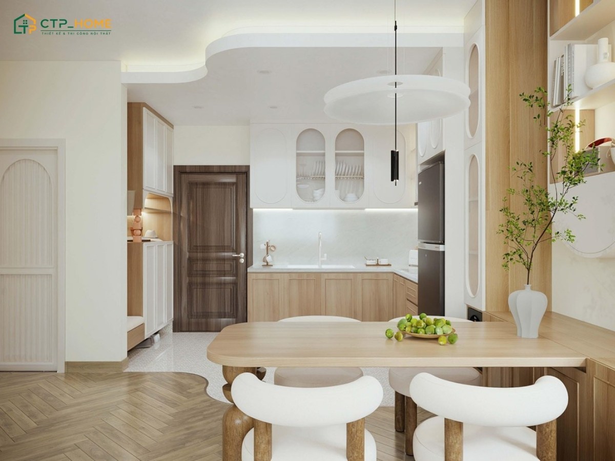 Mẫu thiết kế nội thất chung cư đơn giản sẽ bố trí phòng bếp liền khách để giúp tối ưu diện tích