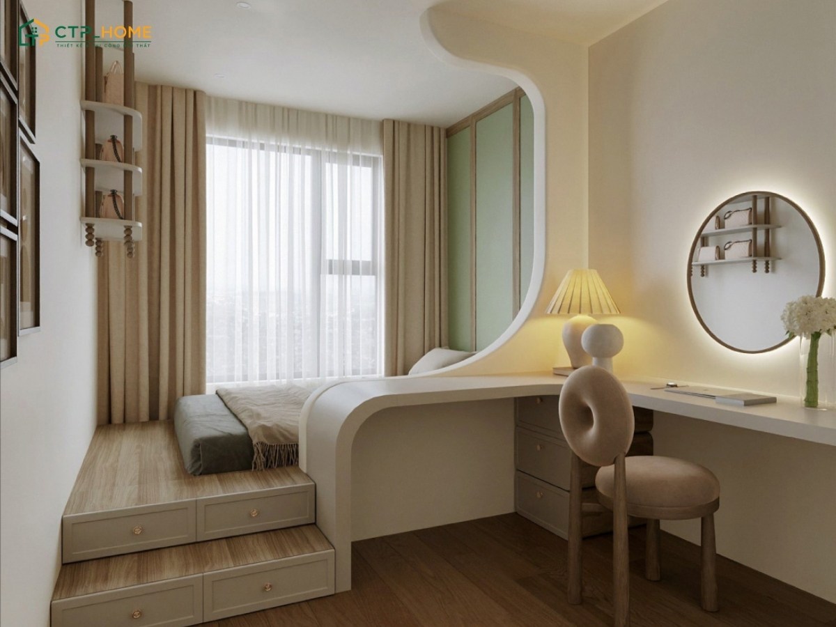 Mẫu thiết kế phòng ngủ chung cư đơn giản với nội thất thông minh giúp tối ưu diện tích
