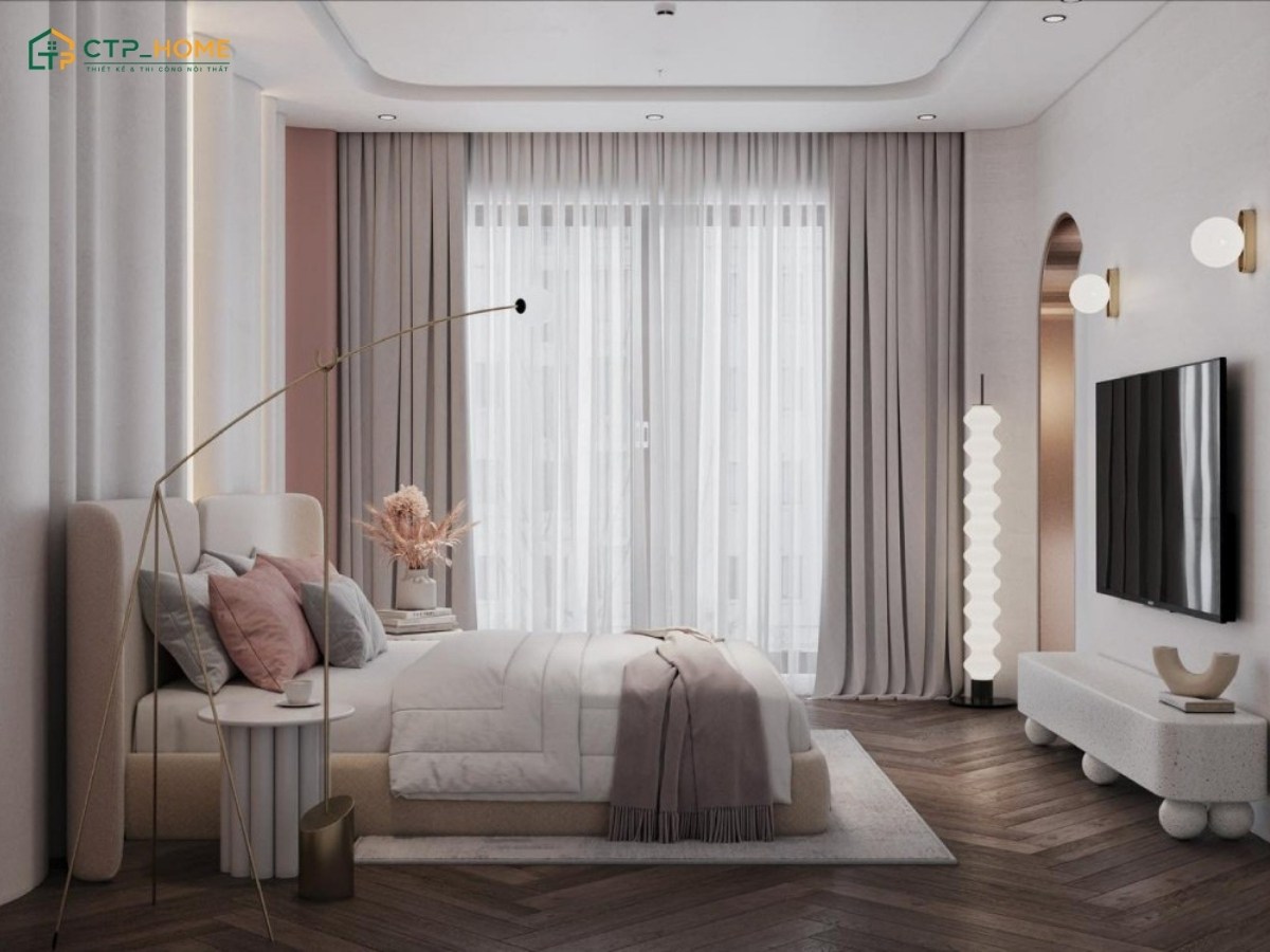 Mẫu thiết kế căn hộ chung cư đẹp với phòng ngủ tông màu trắng hồng nhẹ nhàng