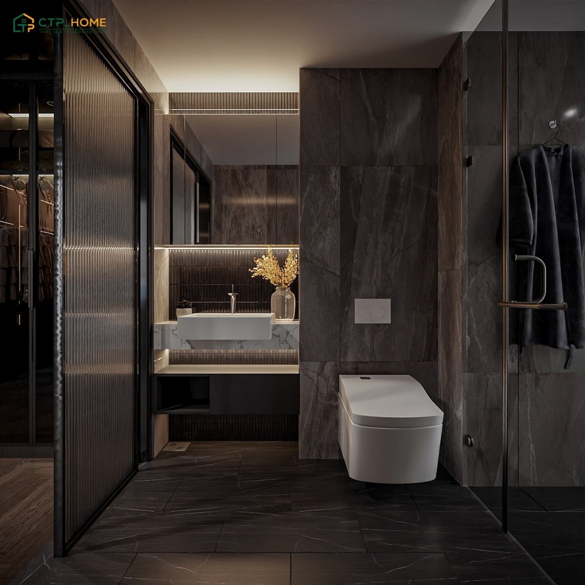 Mẫu thiết kế nội thất chung cư cao cấp với không gian nhà tắm được ốp gạch cỡ lớn