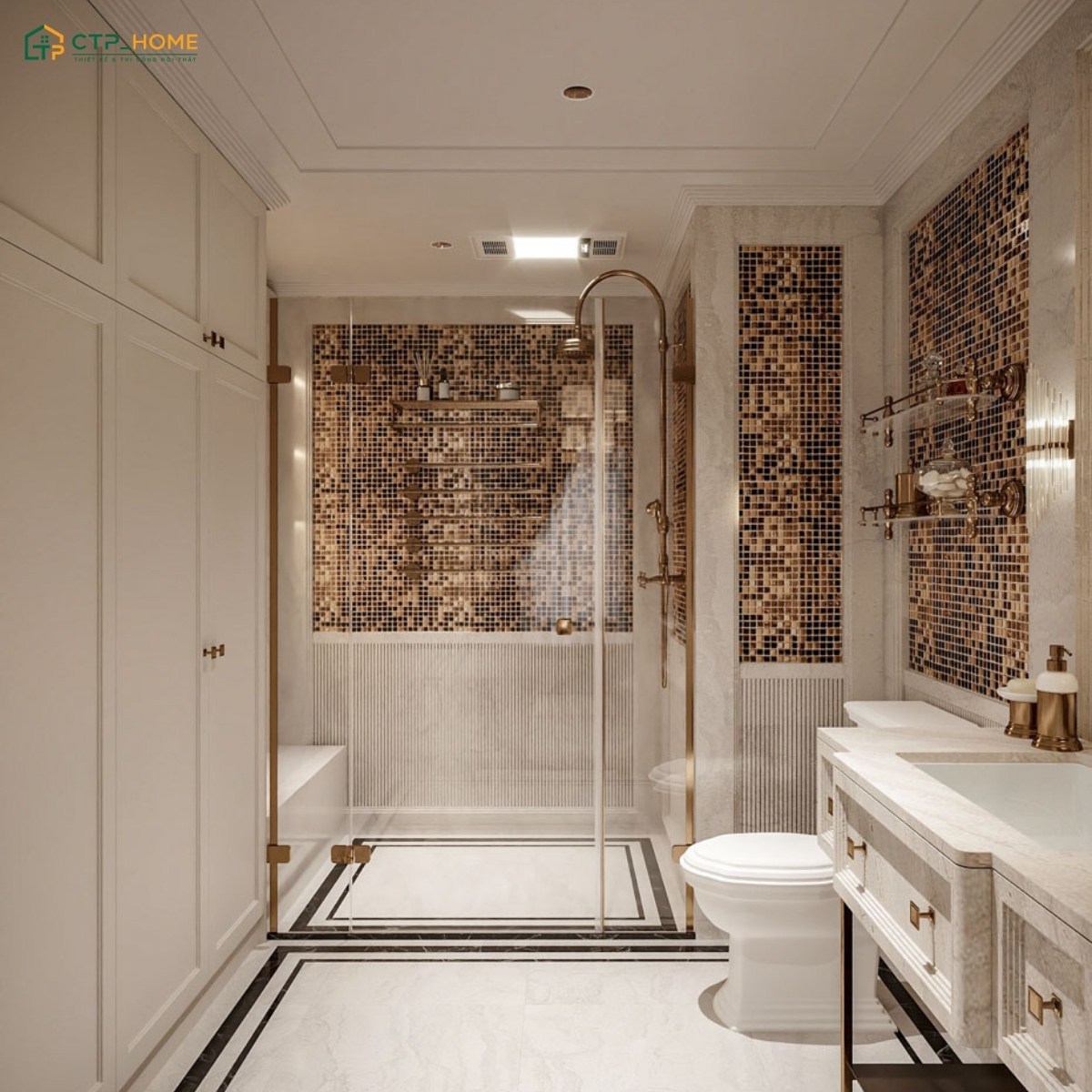 Mẫu thiết kế phòng tắm chung cư được trang trí bằng gốm Mosaic nghệ thuật