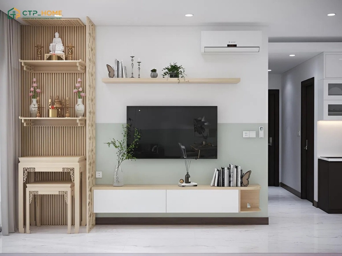 Mẫu thiết kế phòng thờ chung cư với hệ bàn thờ treo hiện đại và trang trọng