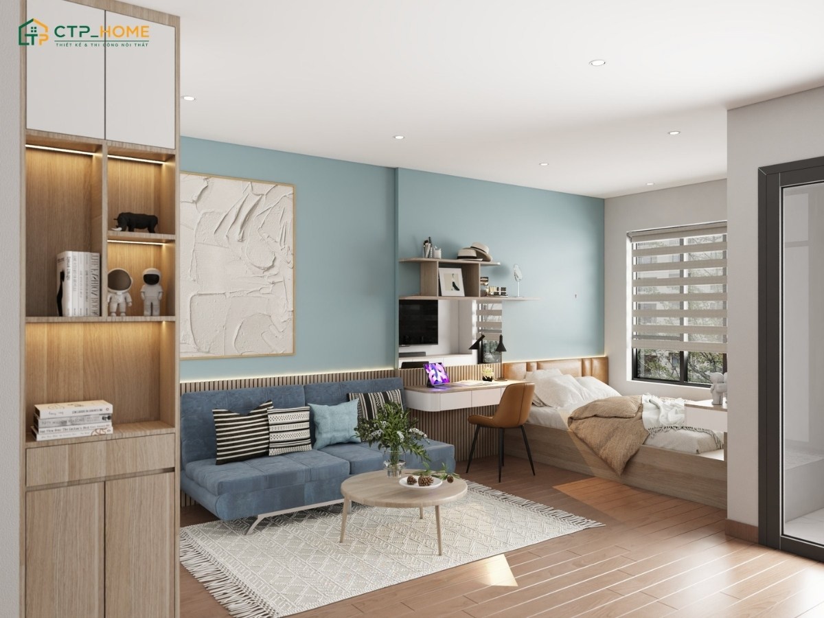 Mẫu thiết kế chung cư Studio 25m2 đơn giản với tông màu xanh dương dịu nhẹ