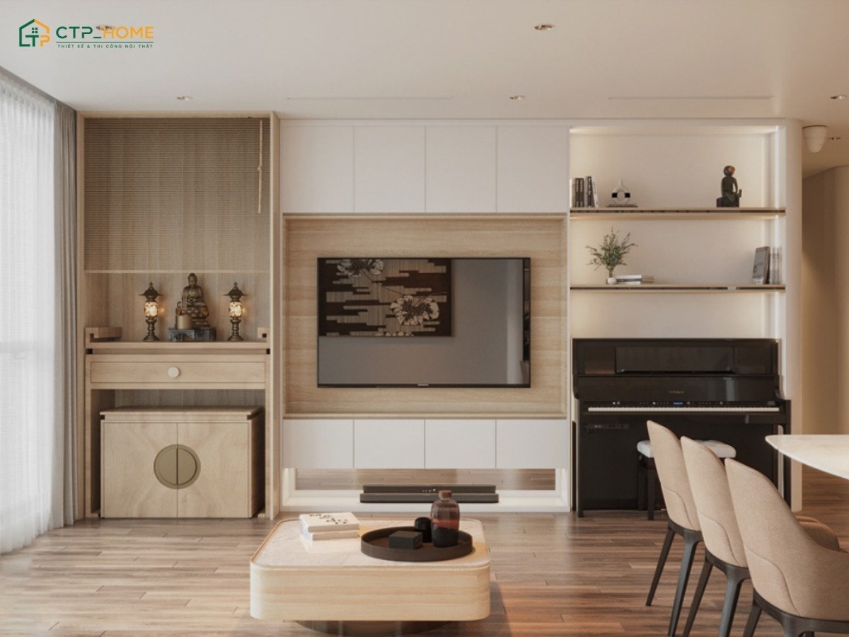 Mẫu thiết kế không gian thờ cúng với bàn thờ được đặt cạnh kệ tivi