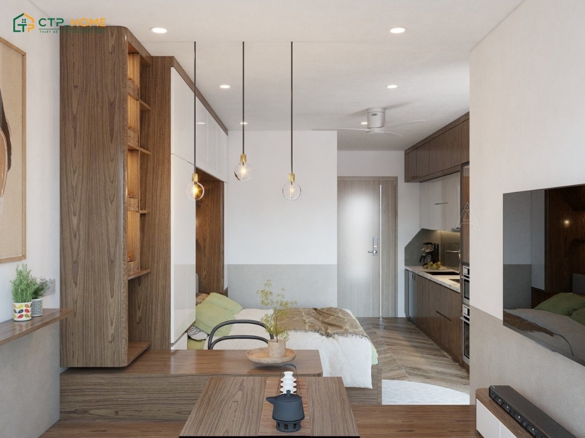 Mẫu thiết kế nội thất chung cư Studio 30m2 thoáng đãng với chất liệu gỗ công nghiệp